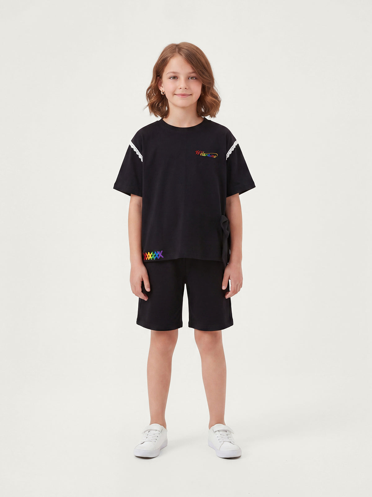 Pride Month T-Shirt With Lace Trim, Bow & Rainbow Embroidery For Kids