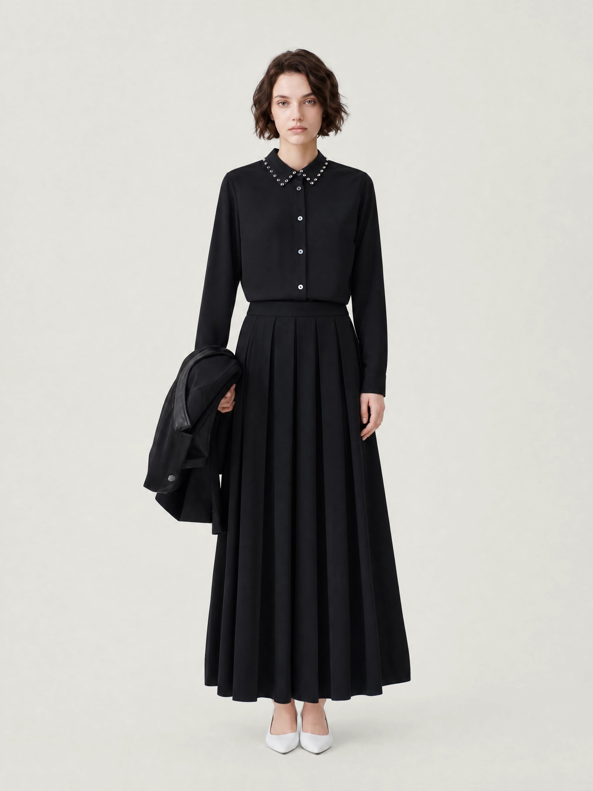 Adult Studded Collar Shirt, Pleated Maxi Skirt and Jacket Set | KINS CLASS