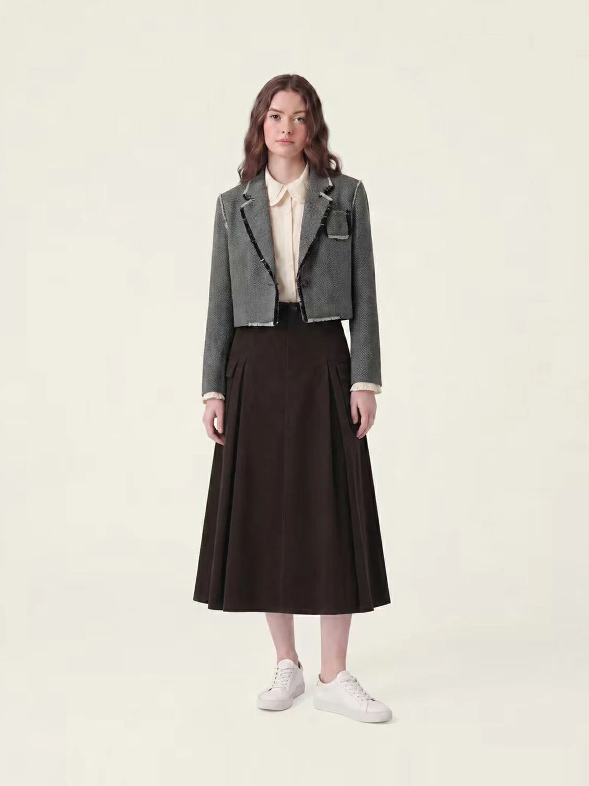 Gekürzter Tweed-Blazer, Hemd und plissierter Midirock für Erwachsene | KINS CLASS