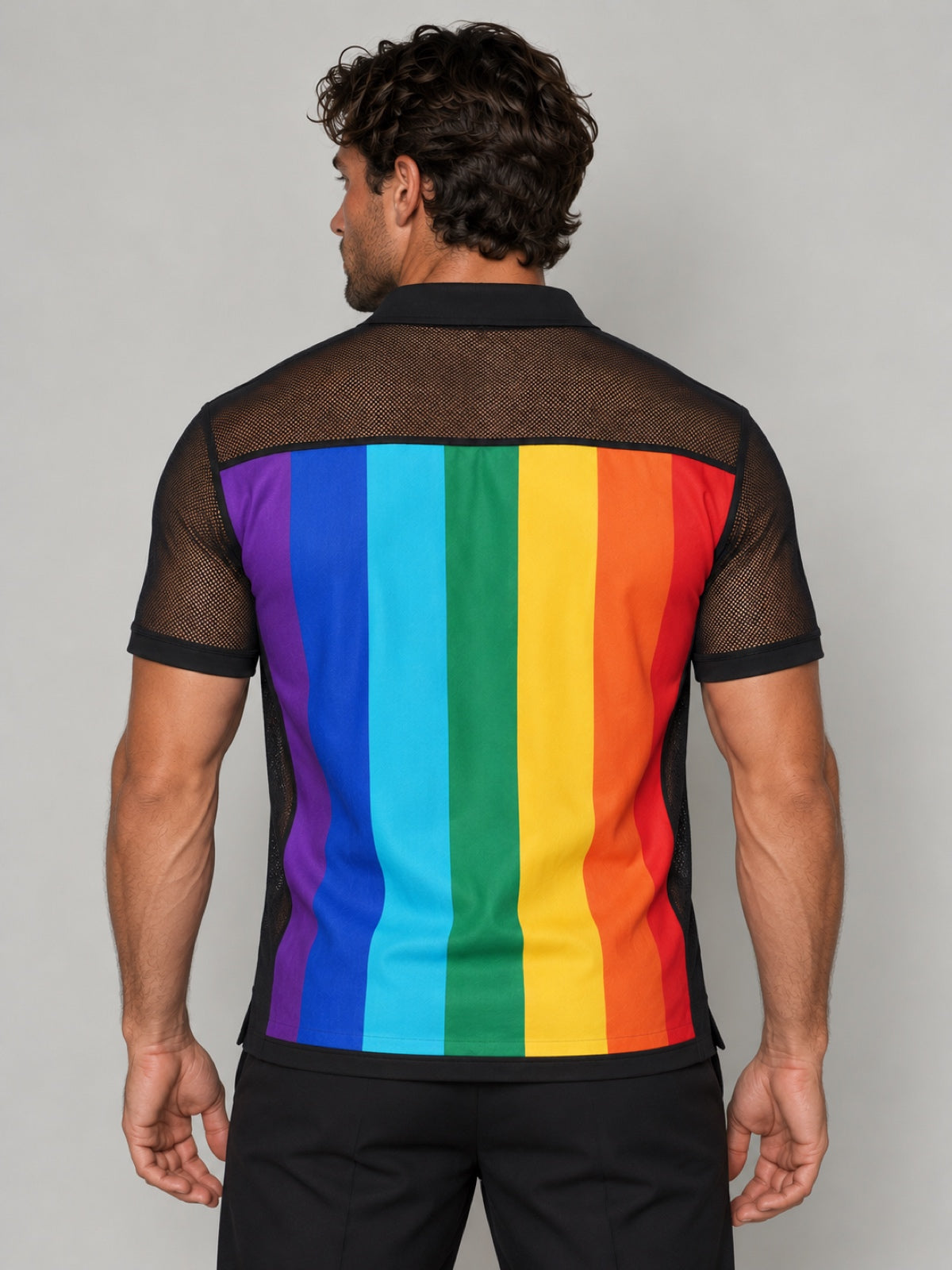 Wearkins adult rainbow stripe zip polo shirt, back view with black mesh short sleeves.