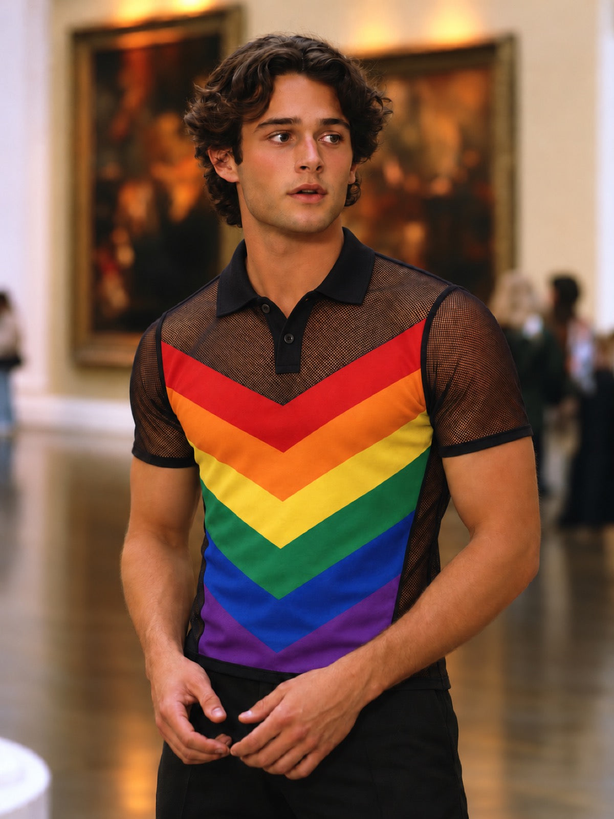 Wearkins adult rainbow chevron button polo shirt, front view with black mesh short sleeves.