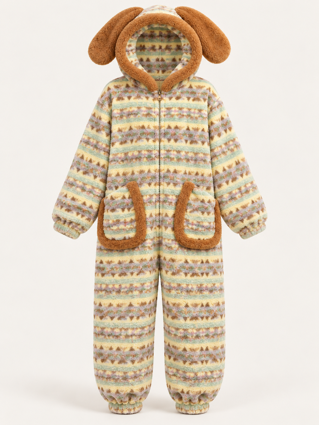 Full view of the Fair Isle fleece adult onesie with brown floppy ears and patch pockets