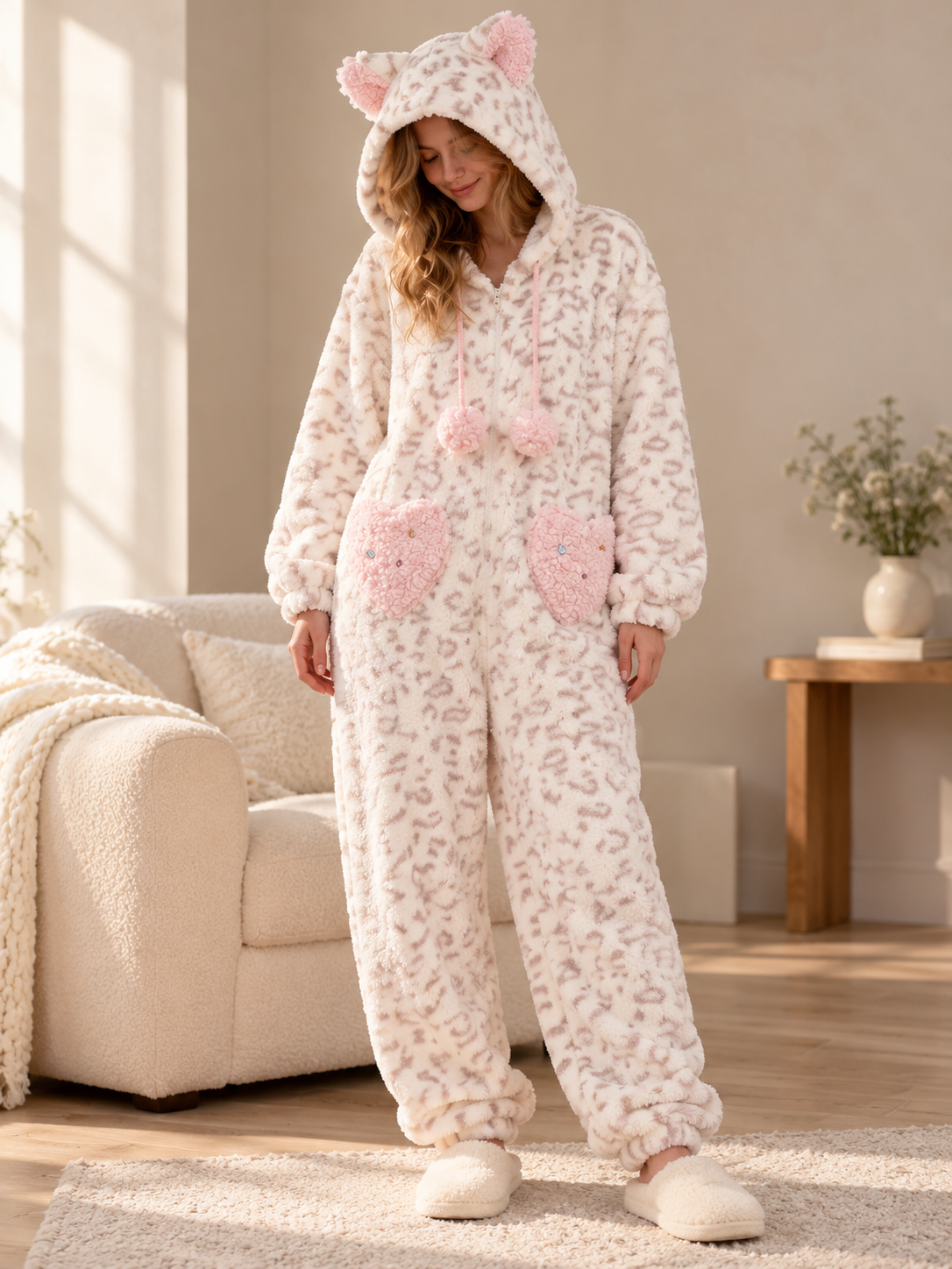 Adult model wearing Wearkins leopard cat-ear fleece onesie with pink heart pockets in a sunlit living room.