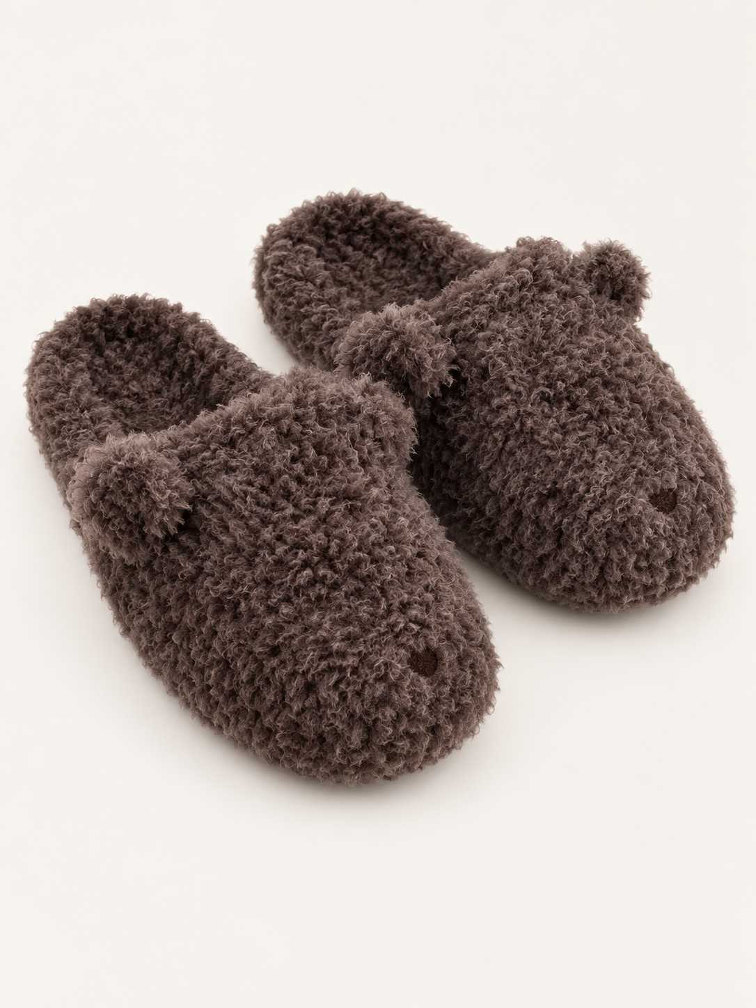 Dark Brown teddy bear house slippers with round ears and curly plush texture