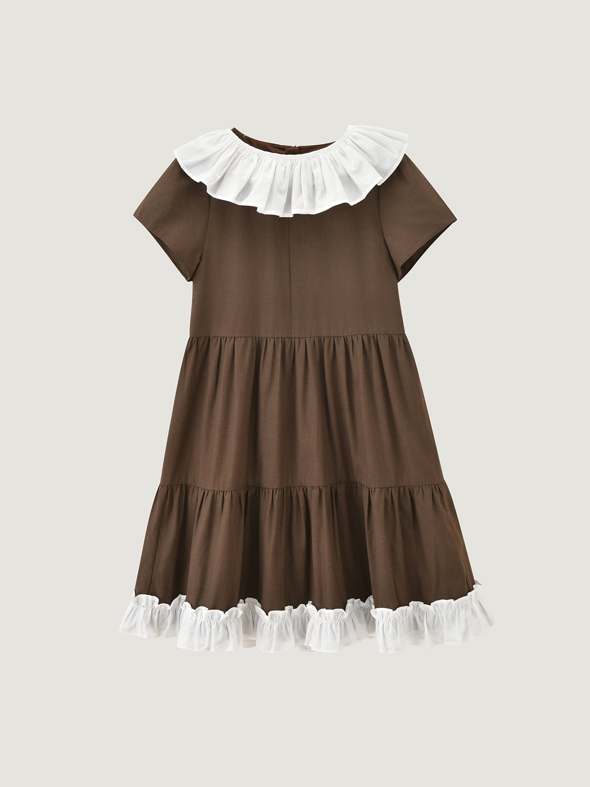 Kontrastierendes weißes Volantkragen-Stufenkleid für Kinder mit Bindebändern auf dem Rücken | KINS CLASS