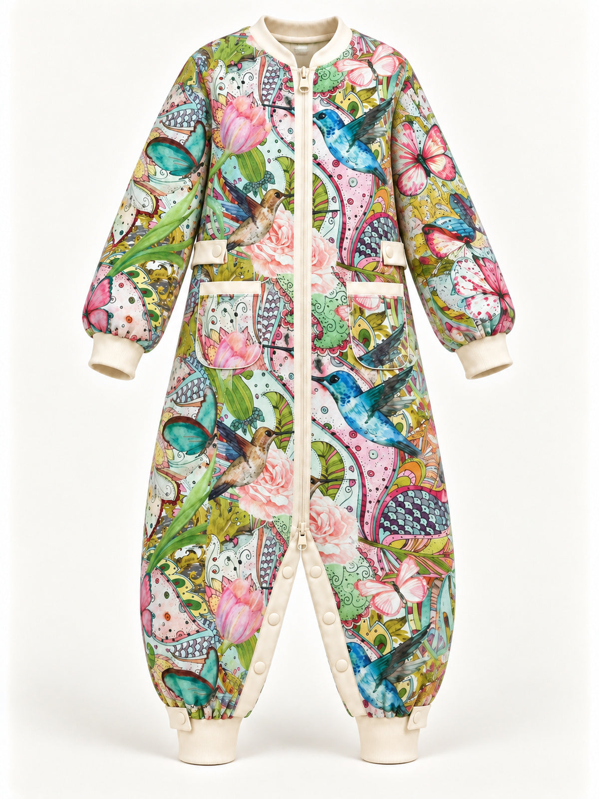 Front view of the Hummingbird Garden onesie with ivory trim, patch pockets and inner-leg snap fastenings