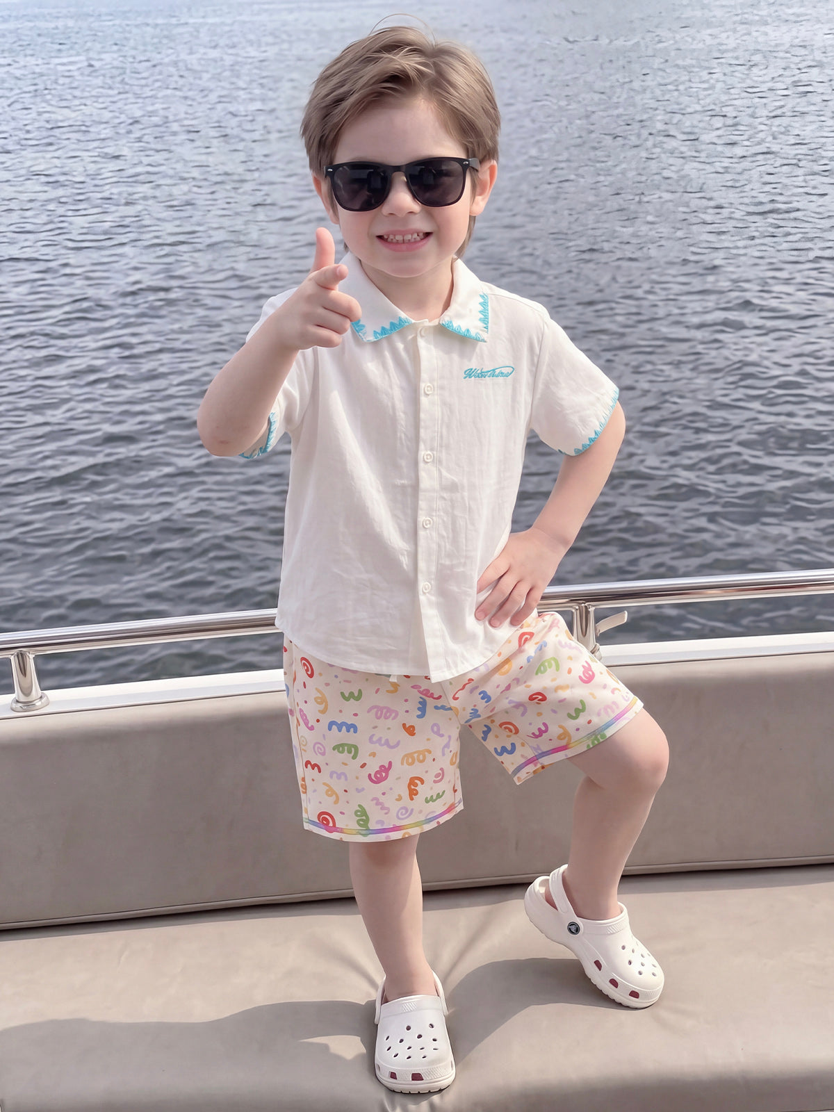 Sunny Escape Expressive Picot Edge Shirt & Shorts Set For Kids