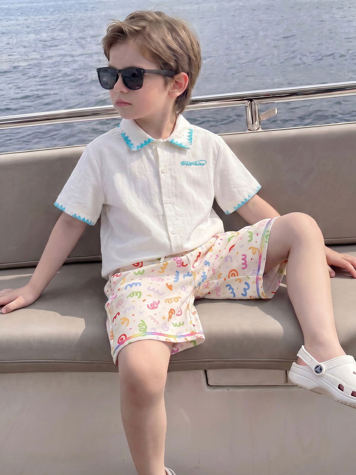 Sunny Escape Expressive Picot Edge Shirt & Shorts Set For Kids