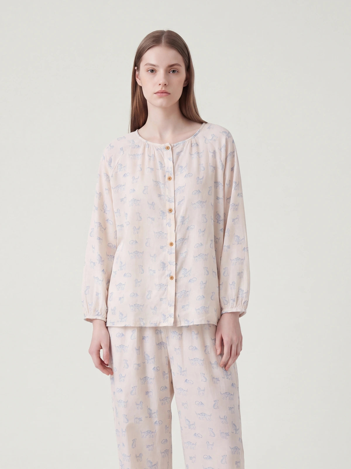 Blue Cat Print Pajamas Set For Adult | COZY NEST