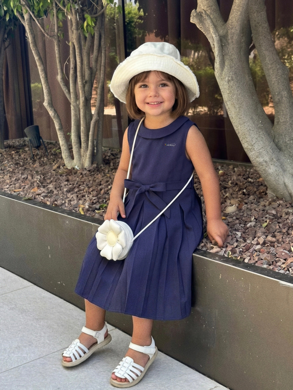 Sleeveless Peter Pan Collar Pleated Dress With Bow Belt | KINS CLASS