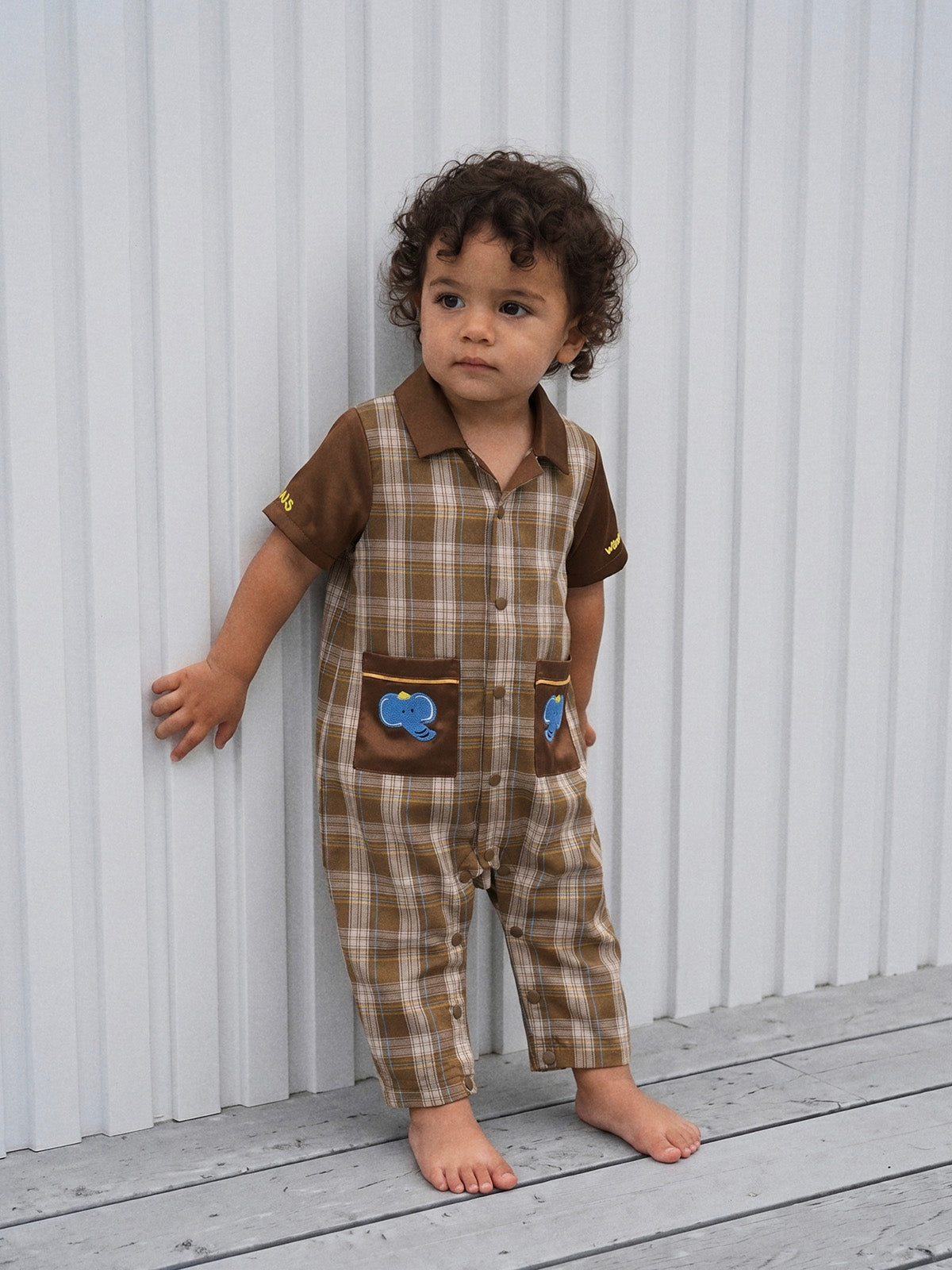 Cozy Nest Elephant Embroidered Plaid Onesie for Baby