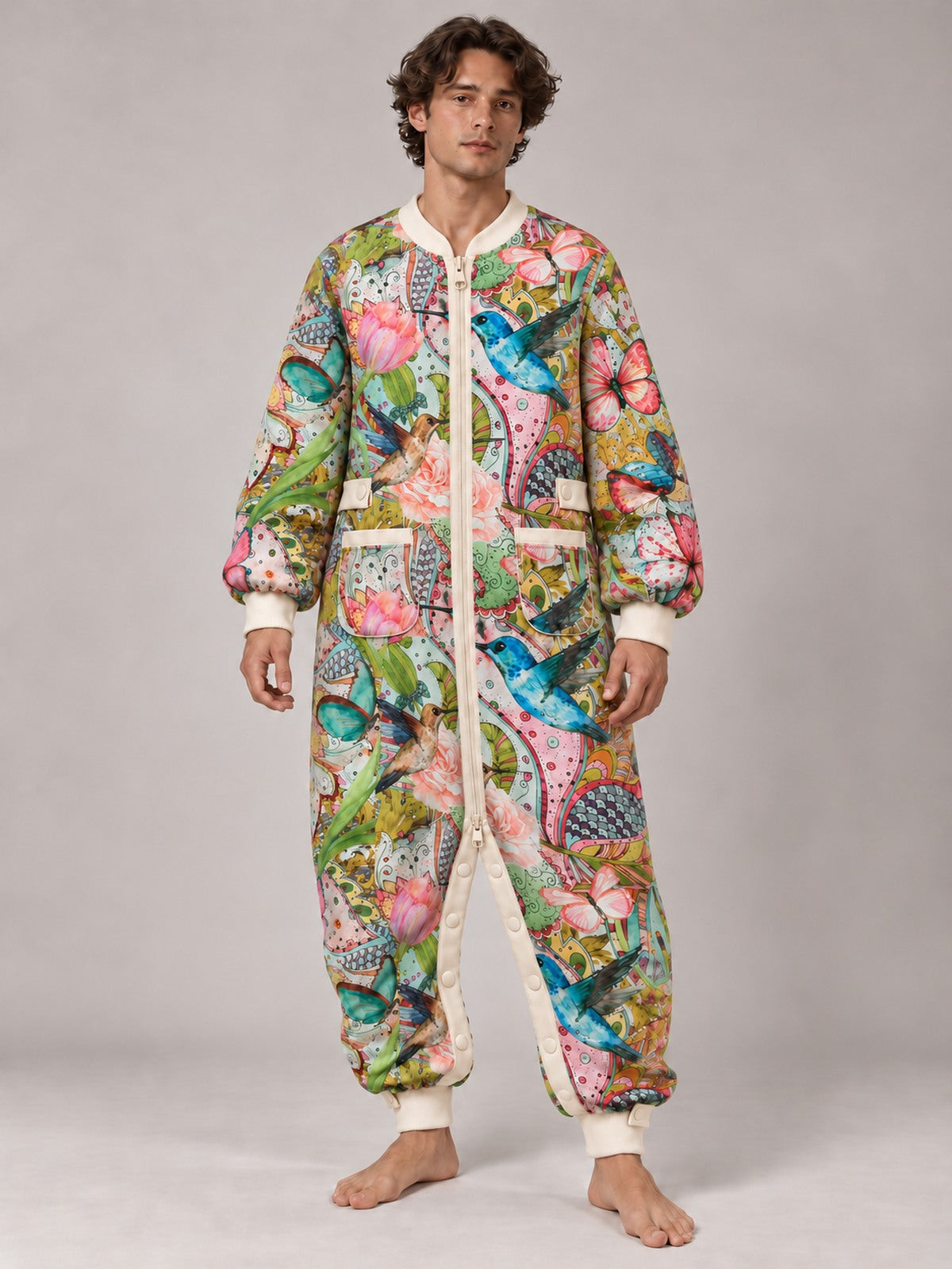 Adult model wearing the Hummingbird Garden floral onesie with ivory trim and a zip front