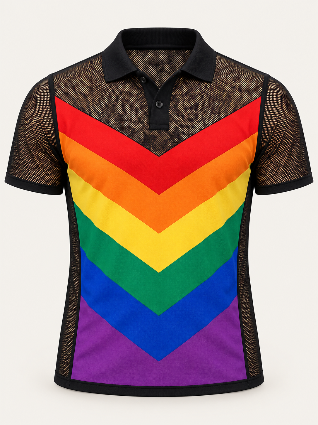 Wearkins adult rainbow chevron button polo with black mesh short sleeves, front product view.