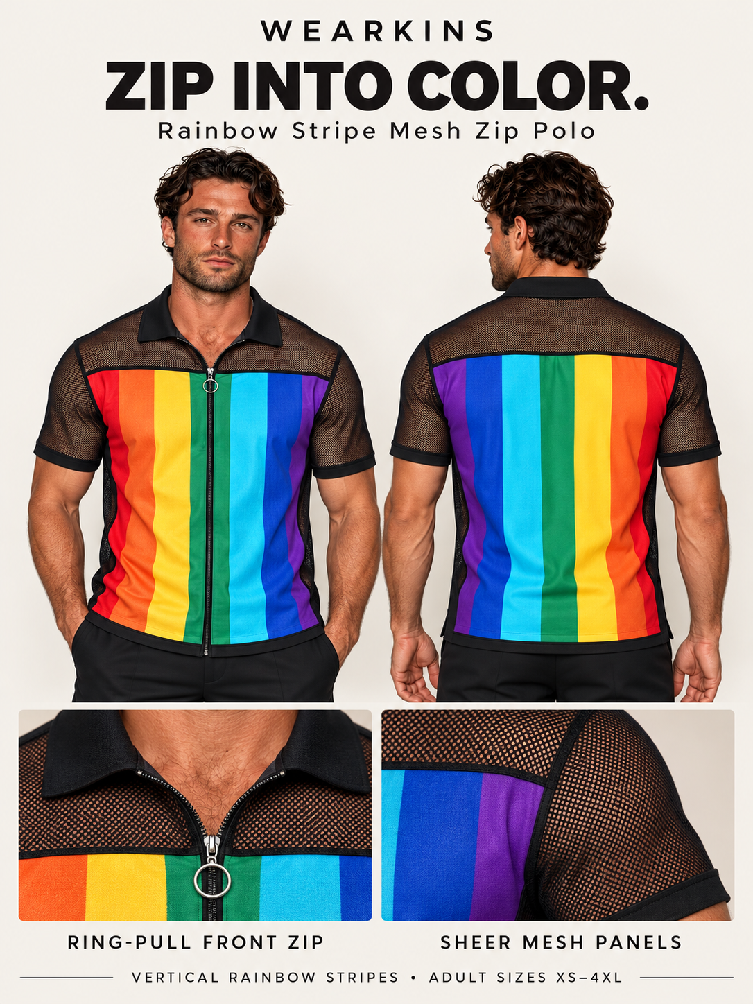 Wearkins rainbow stripe mesh zip polo: front and back views, ring-pull zipper and sheer mesh sleeve details. Adult sizes XS to 4XL.