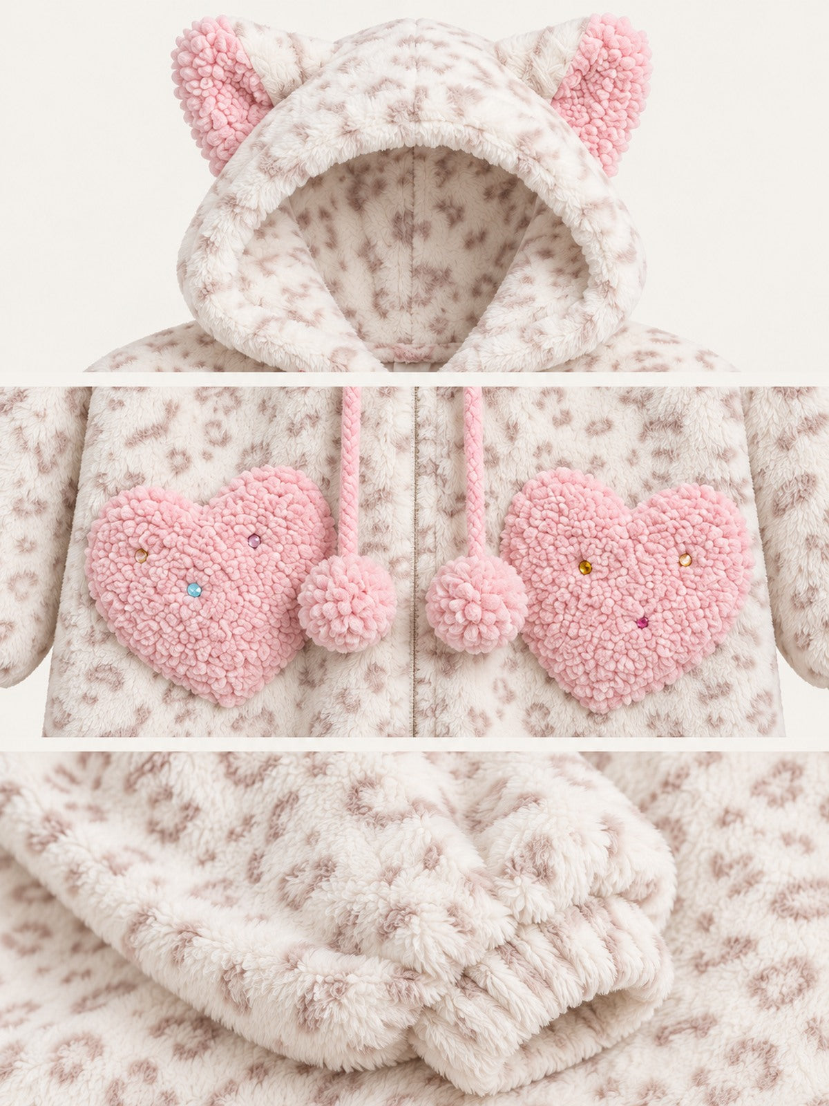 Wearkins adult leopard fleece onesie detail views showing the cat-ear hood, pink heart pockets, pom-pom cords and gathered cuff.