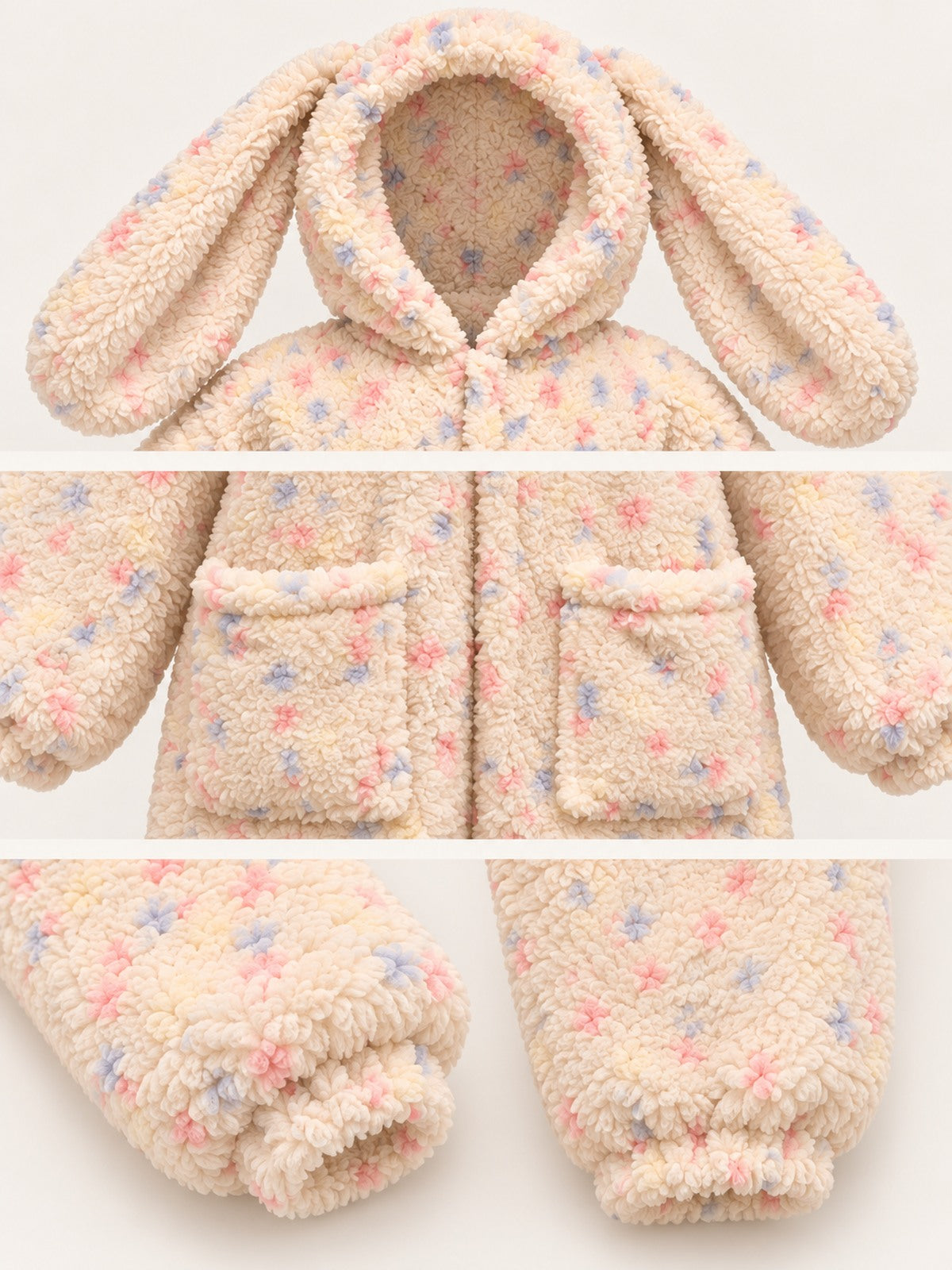 Wearkins pastel fleece onesie detail views showing the long bunny ears, two front patch pockets and gathered wrist and ankle openings.