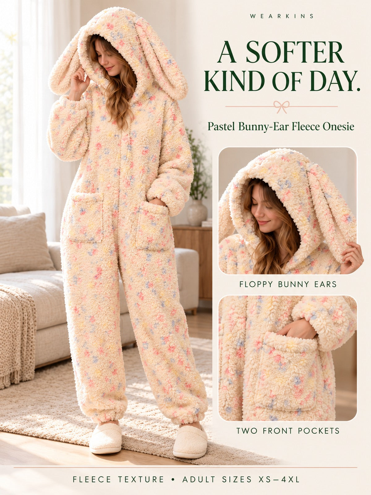 Wearkins adult pastel bunny-ear fleece onesie with two front pockets; fleece texture and adult sizes XS to 4XL.