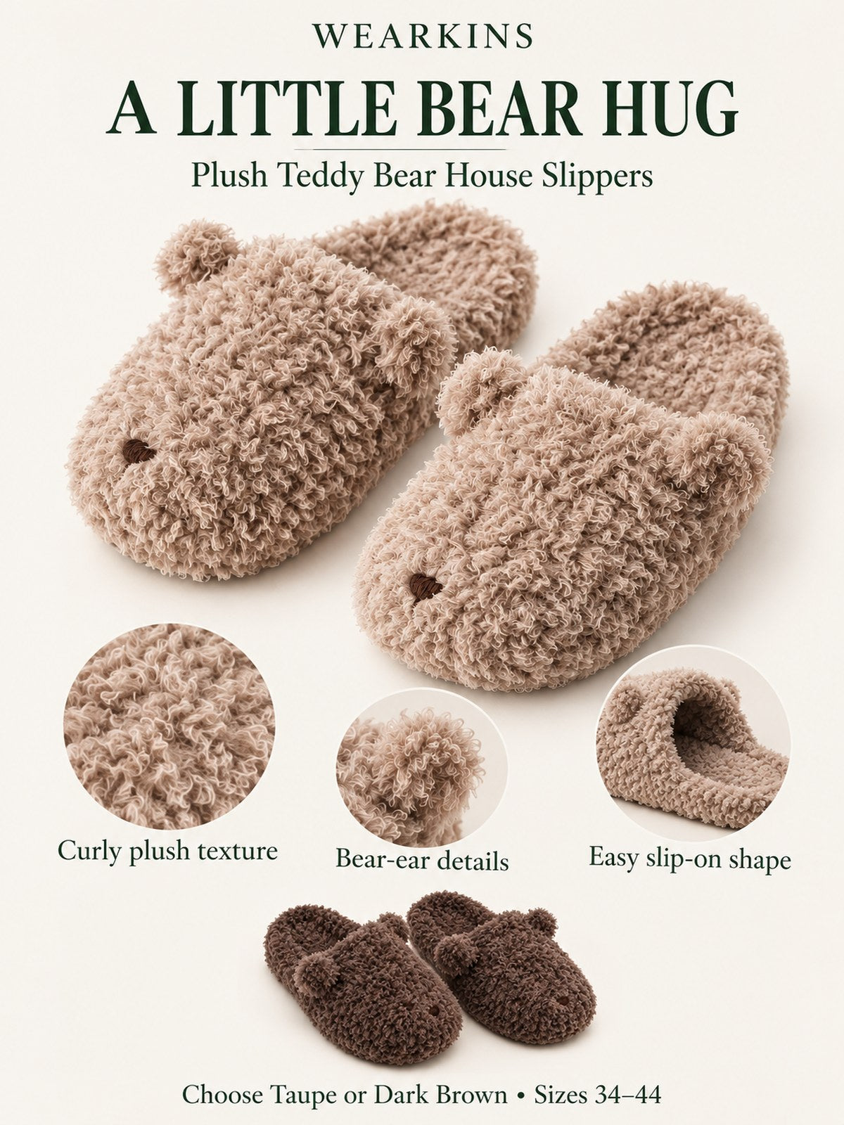 Wearkins teddy bear slippers in Taupe and Dark Brown with plush texture and slip-on design