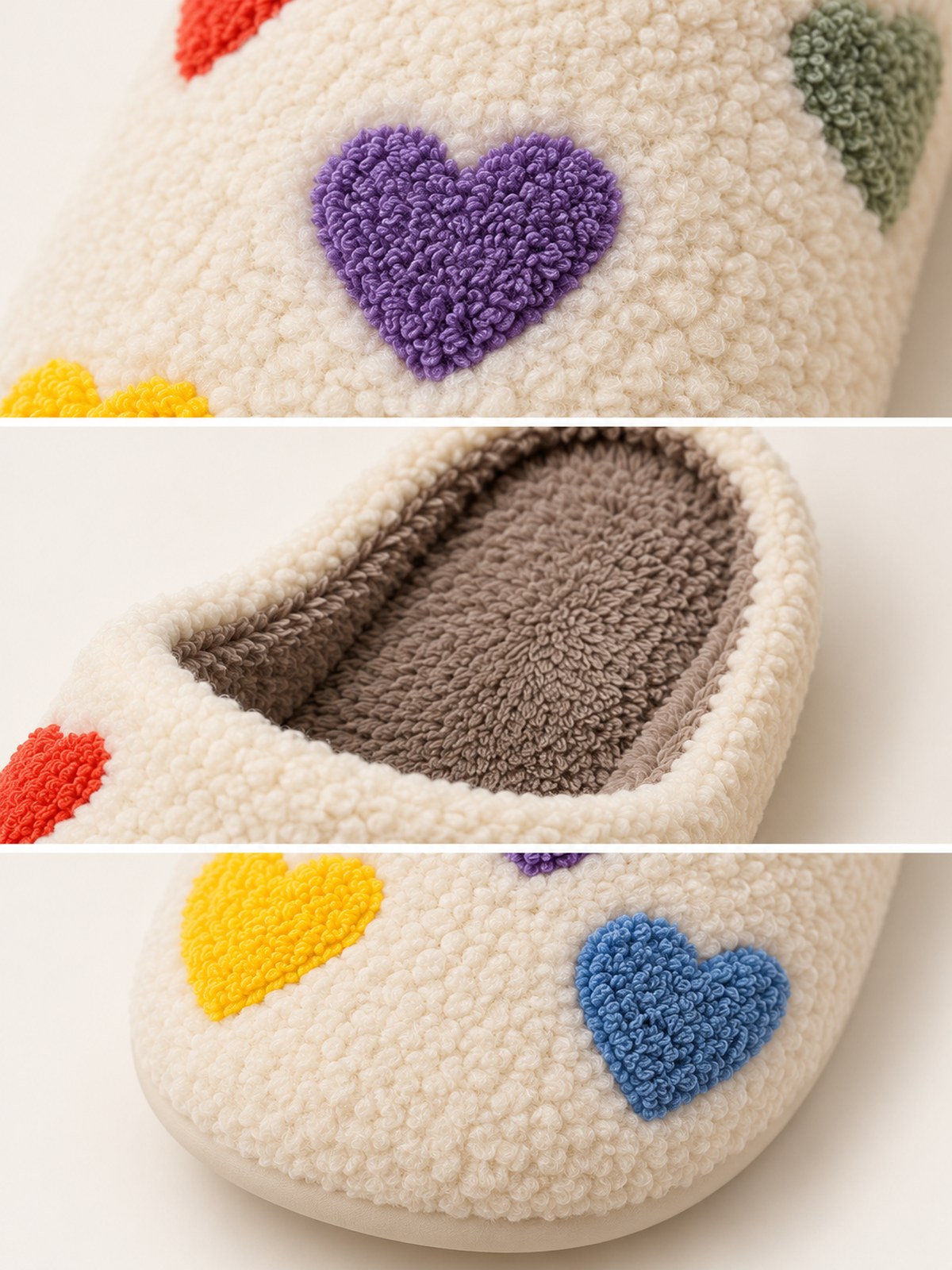 Close-up of colorful raised hearts, sherpa texture and plush lining on cream house slippers