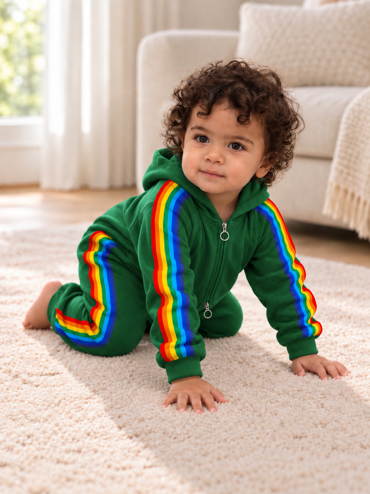 Baby wearing the green rainbow stripe hooded onesie