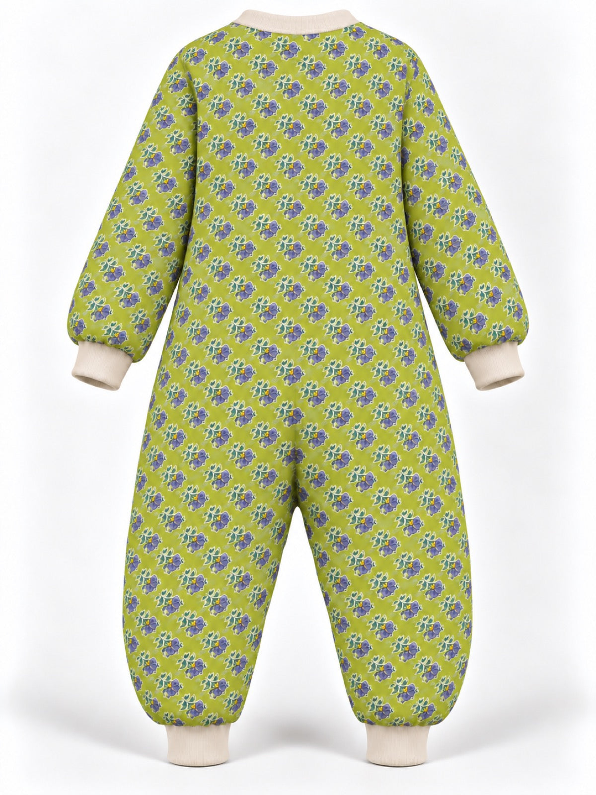 Back view of the lime-green floral onesie with ivory wrist and ankle cuffs