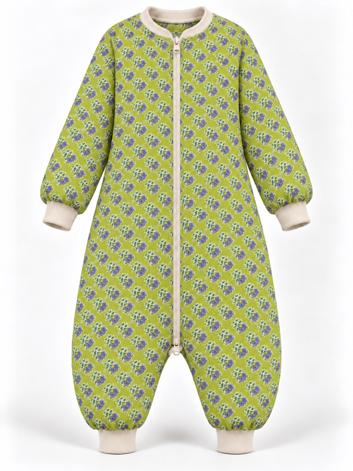 Front view of the lime-green floral onesie with ivory neckline, cuffs and front zip