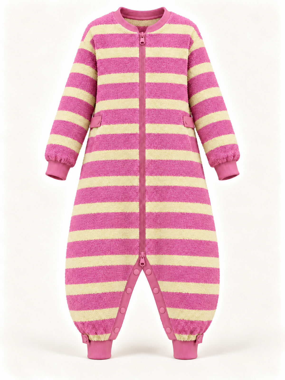 Pink-and-yellow striped zip-front terry onesie, front product view