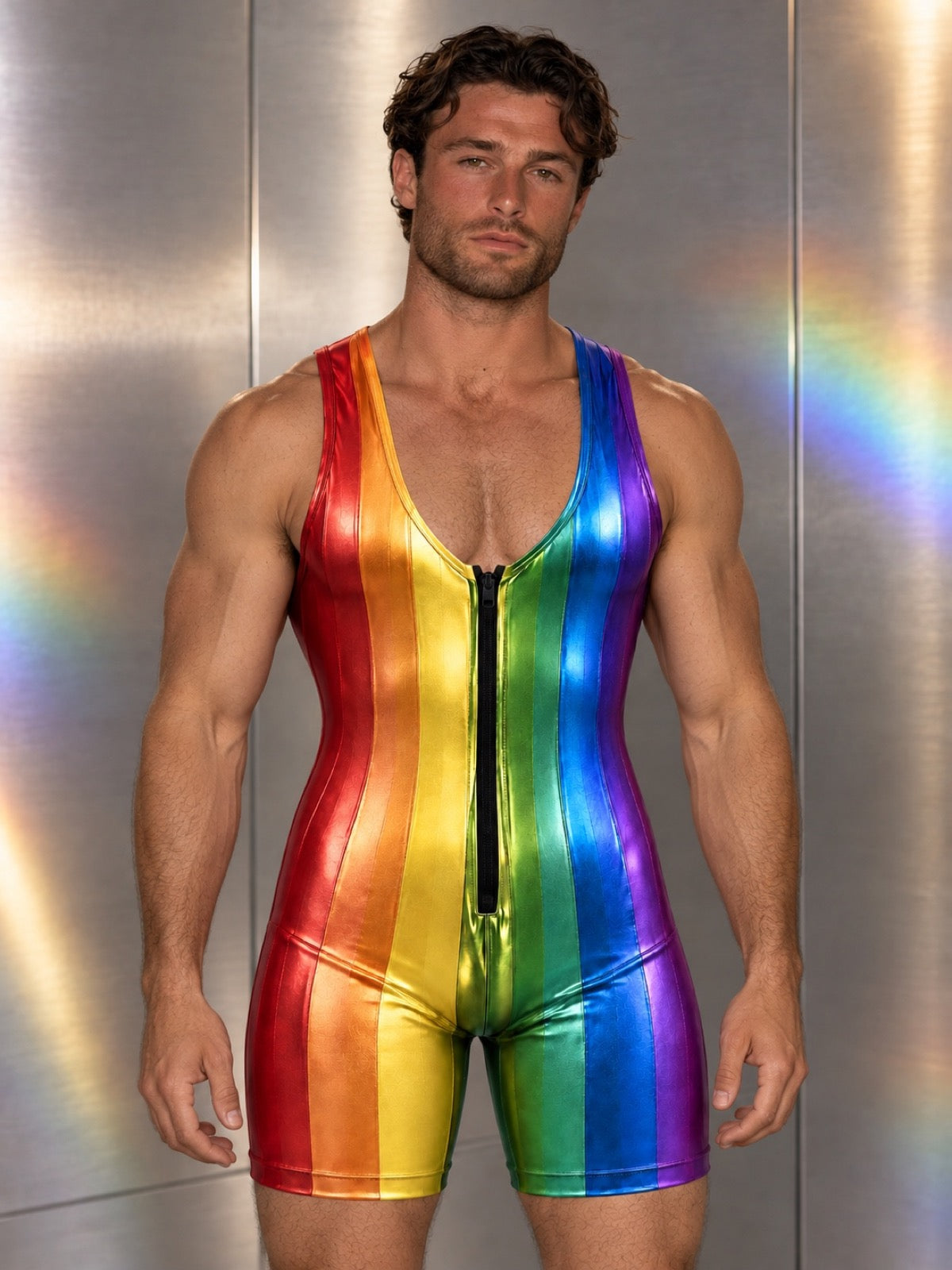 Rainbow Metallic Zip-Front Bodysuit