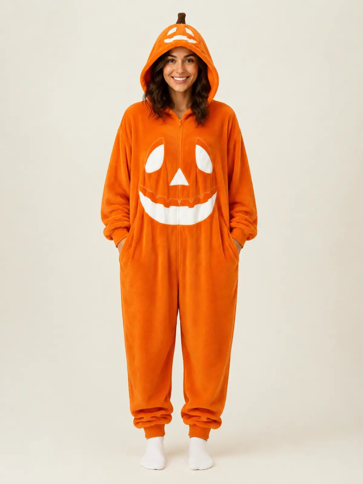 Plush Jack-O’-Lantern Hooded Halloween Onesie Pajamas