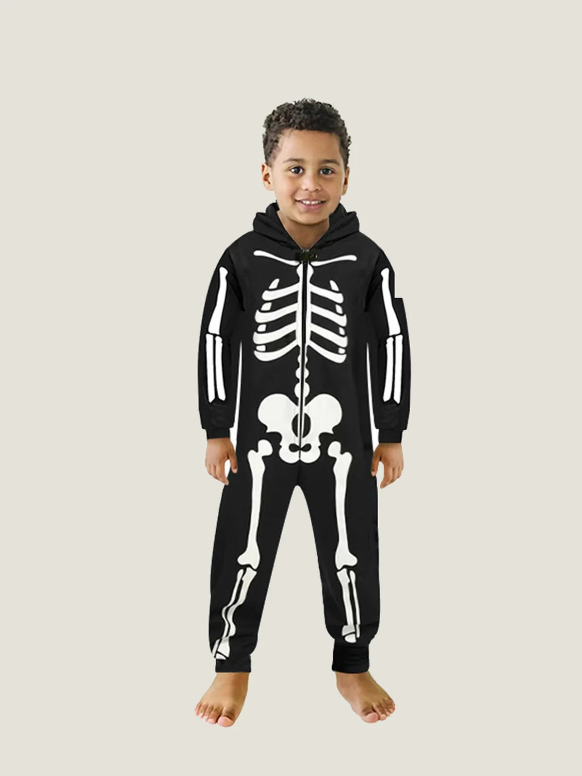 Kids’ Glow-in-the-Dark Skeleton Hooded Jumpsuit for Halloween