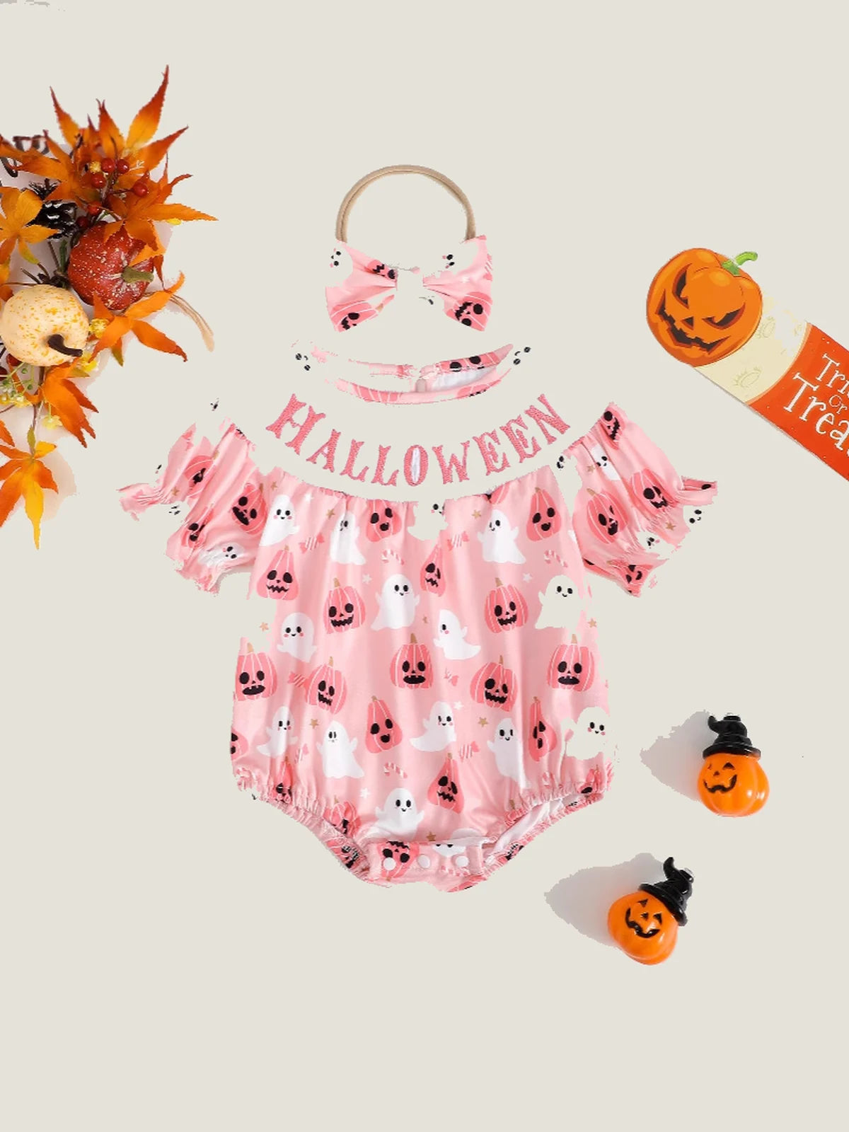 Baby Girls’ Pink Ghost & Pumpkin Halloween Romper