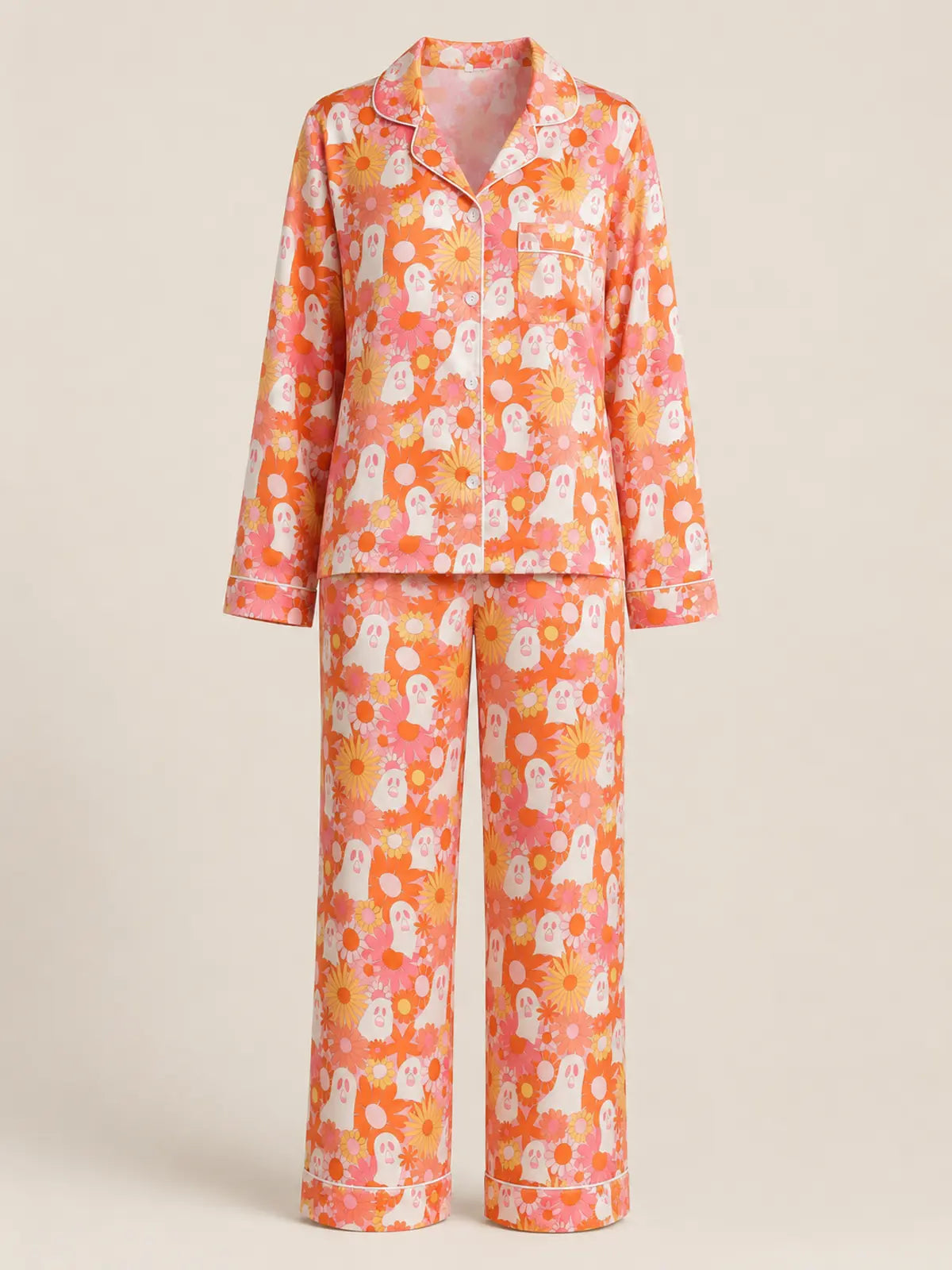 Halloween Satin Pajama Set, Lapel Open‑Front Top