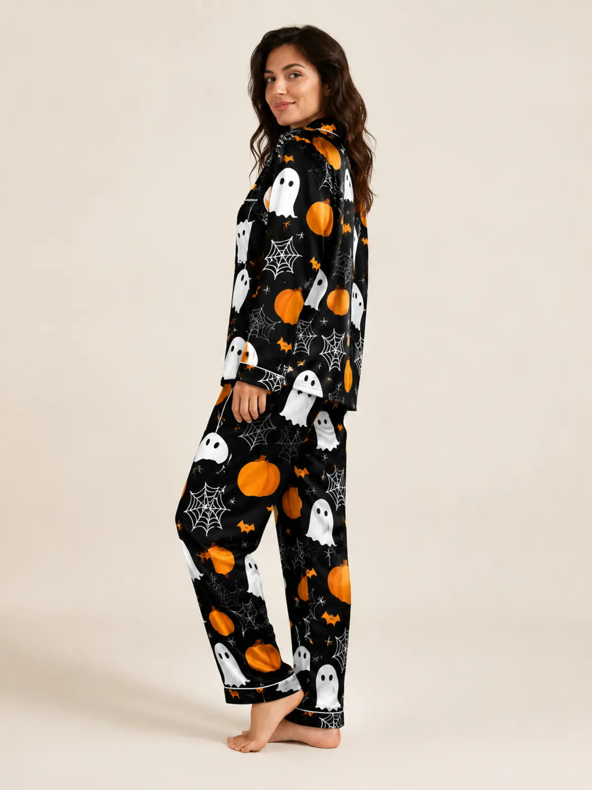 Cartoon Bat & Ghost All‑Over Print Long Sleeve Pajama Set