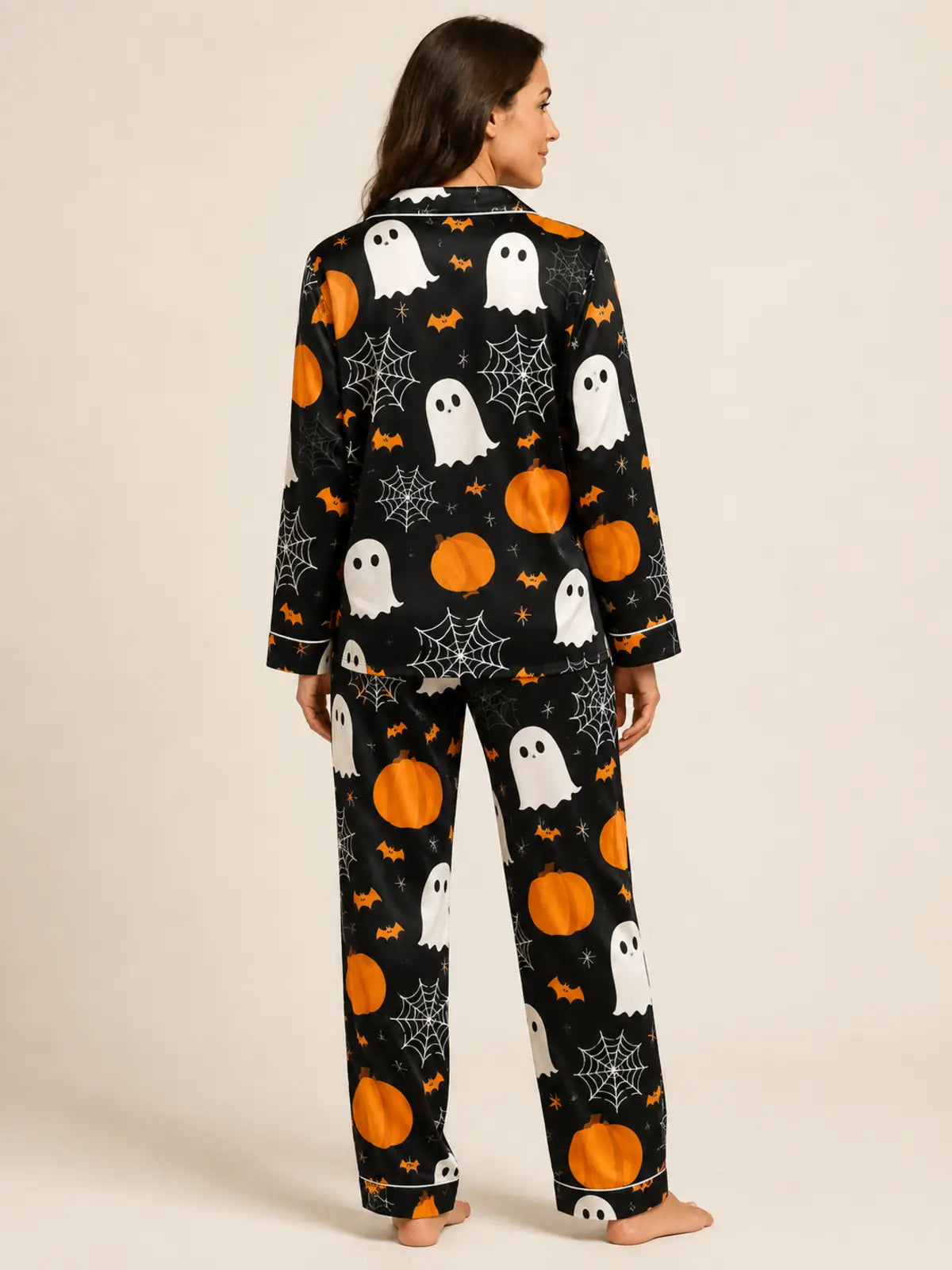 Cartoon Bat & Ghost All‑Over Print Long Sleeve Pajama Set