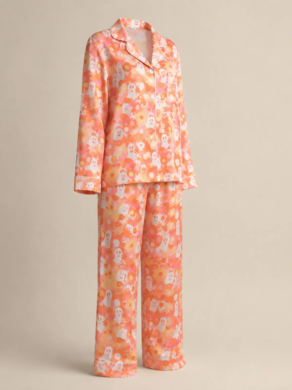 Halloween Satin Pajama Set, Lapel Open‑Front Top