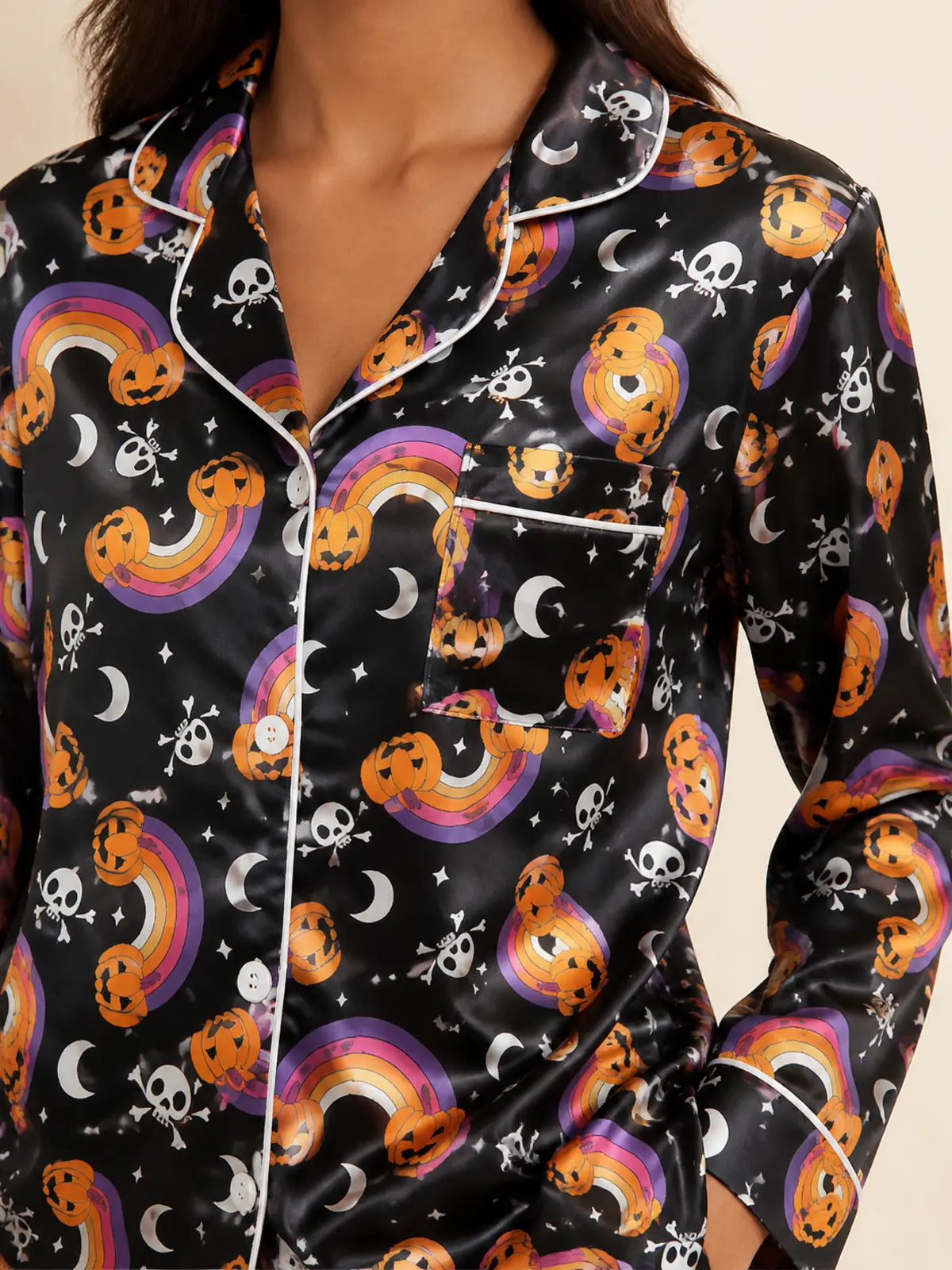 Halloween Lapel Button‑Down Pajama Set, Home Loungewear