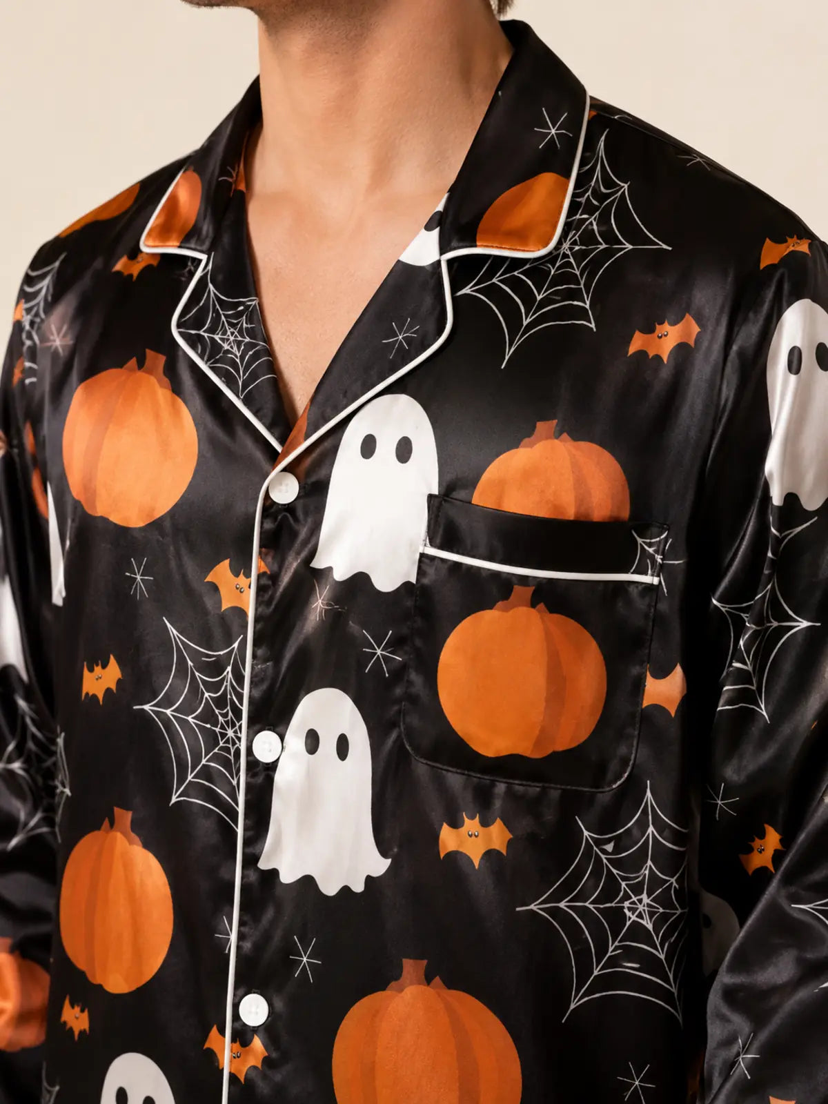 Cartoon Bat & Ghost All‑Over Print Long Sleeve Pajama Set