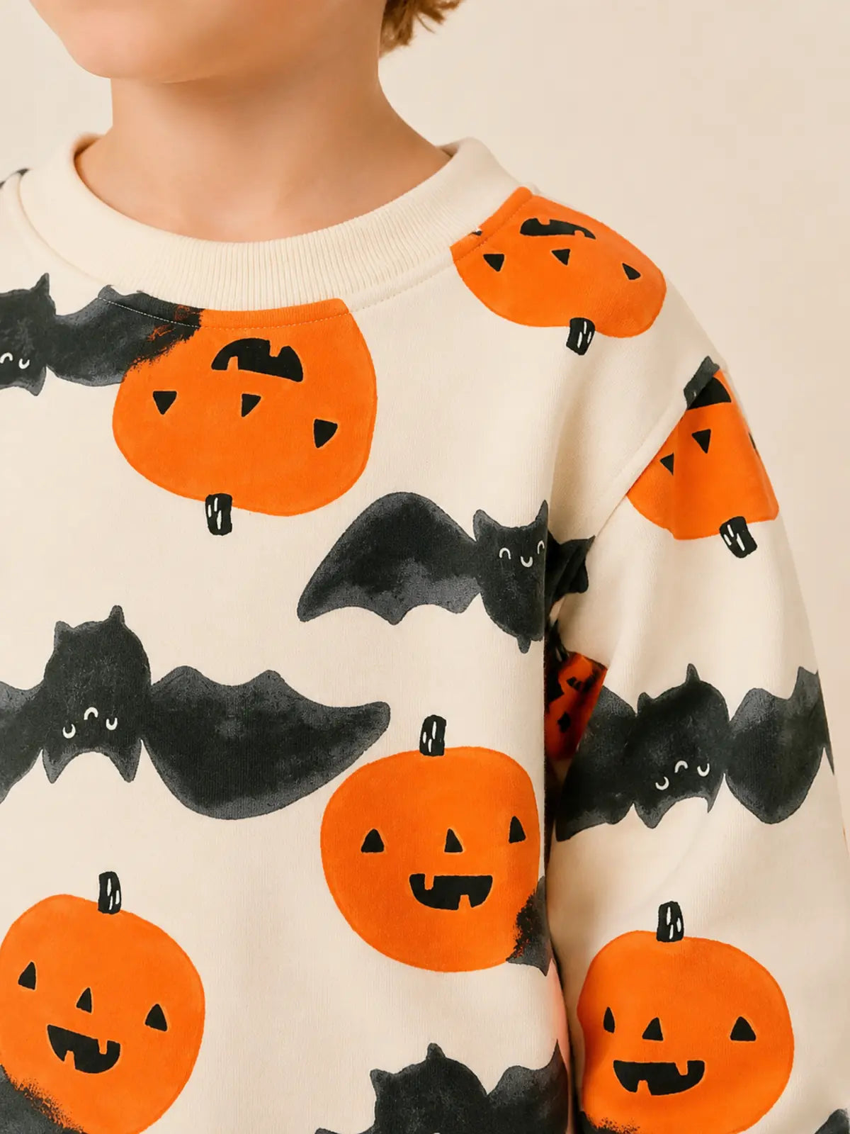 Kids Halloween Long‑Sleeve Sweatshirt, Cartoon Pumpkin Print