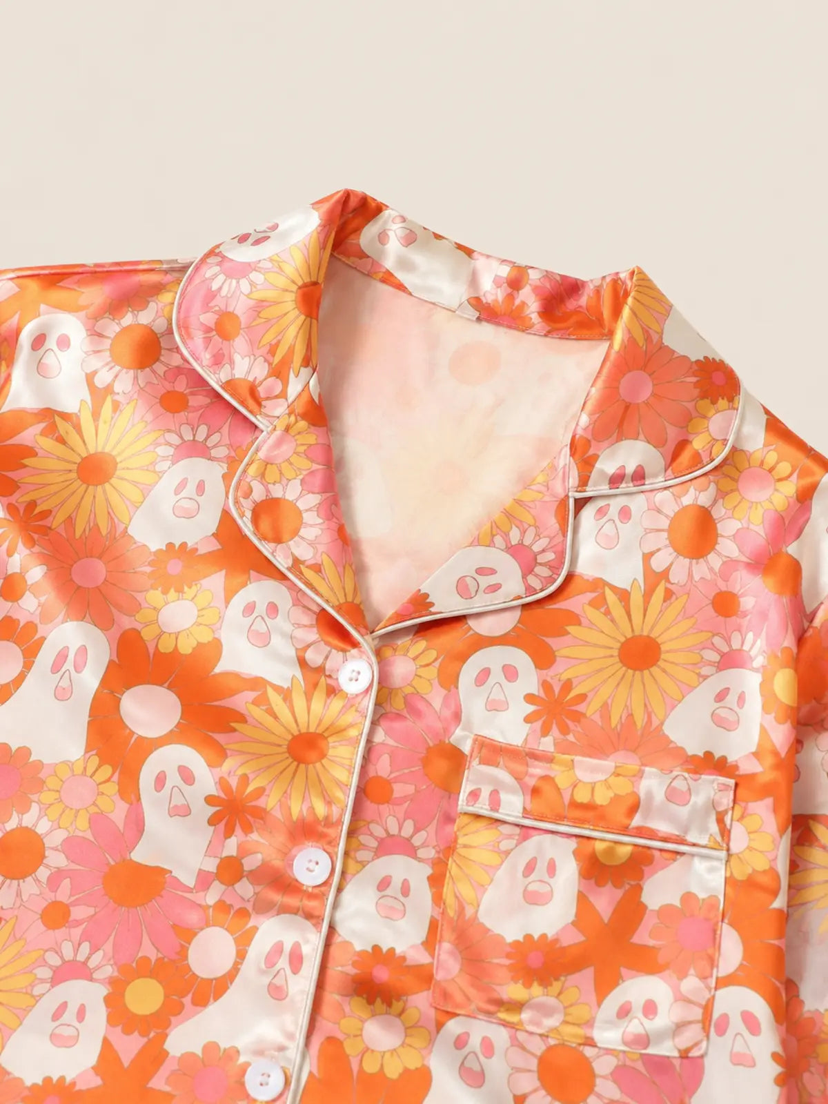 Halloween Satin Pajama Set, Lapel Open‑Front Top