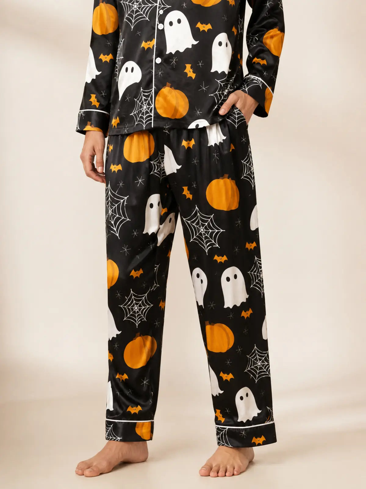 Cartoon Bat & Ghost All‑Over Print Long Sleeve Pajama Set