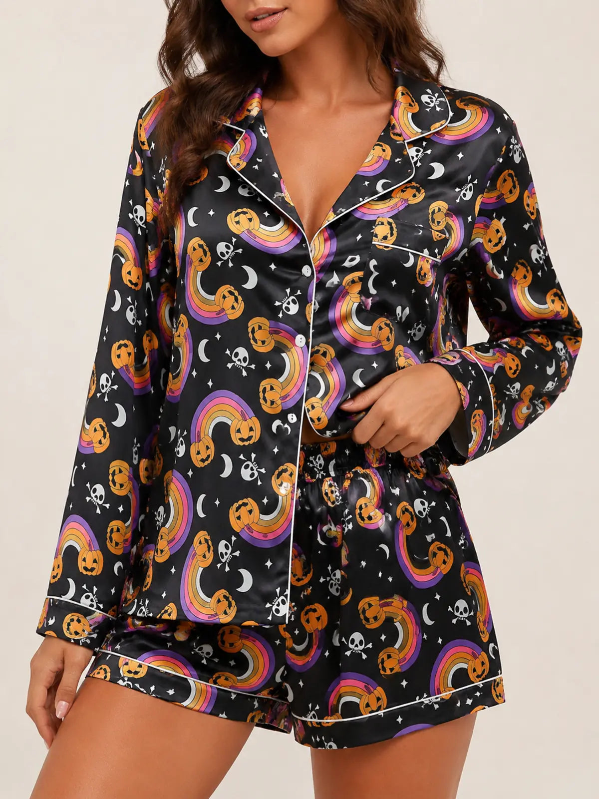 Halloween Lapel Button‑Down Pajama Set, Home Loungewear