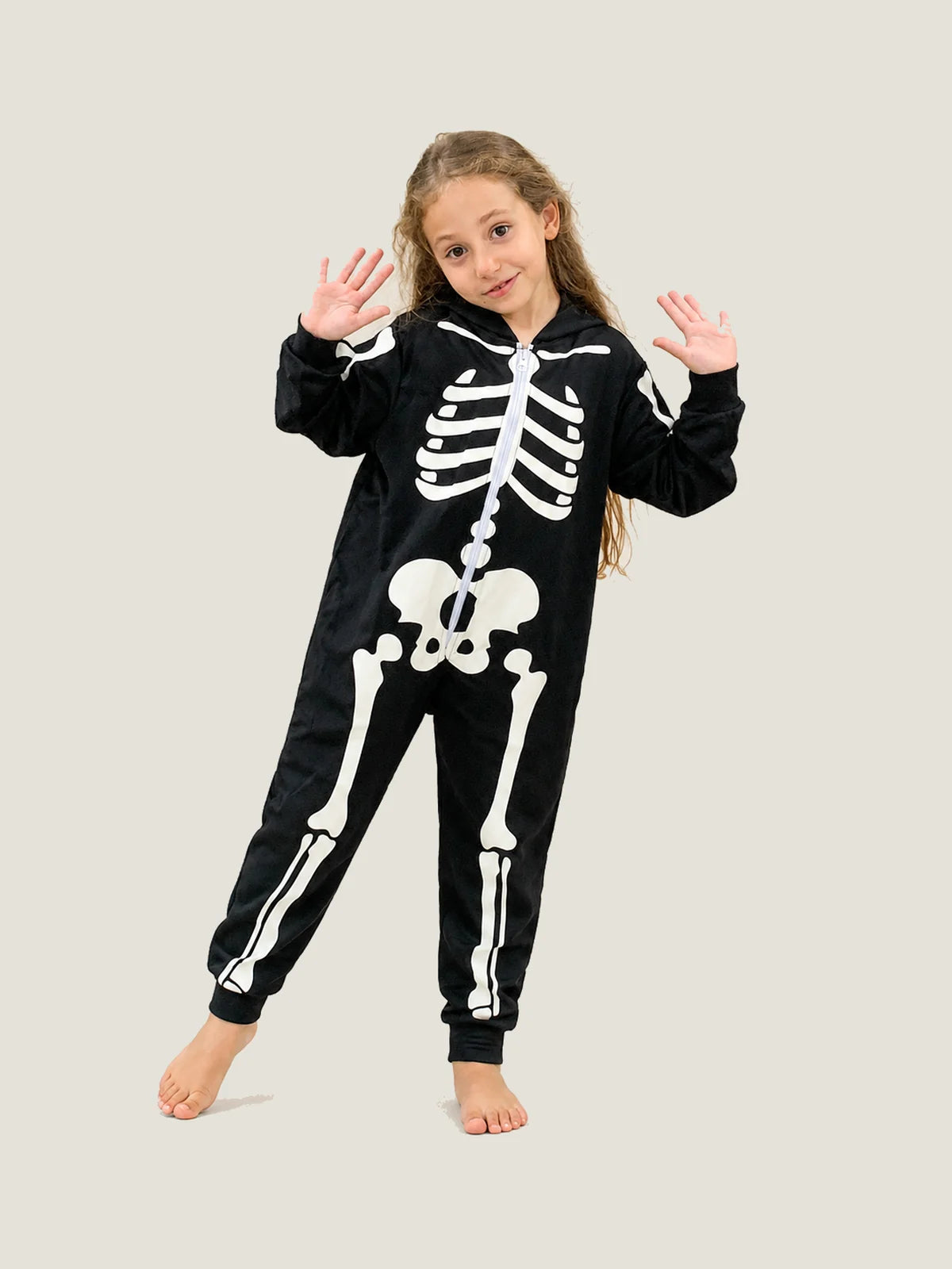 Kids’ Glow-in-the-Dark Skeleton Hooded Jumpsuit for Halloween