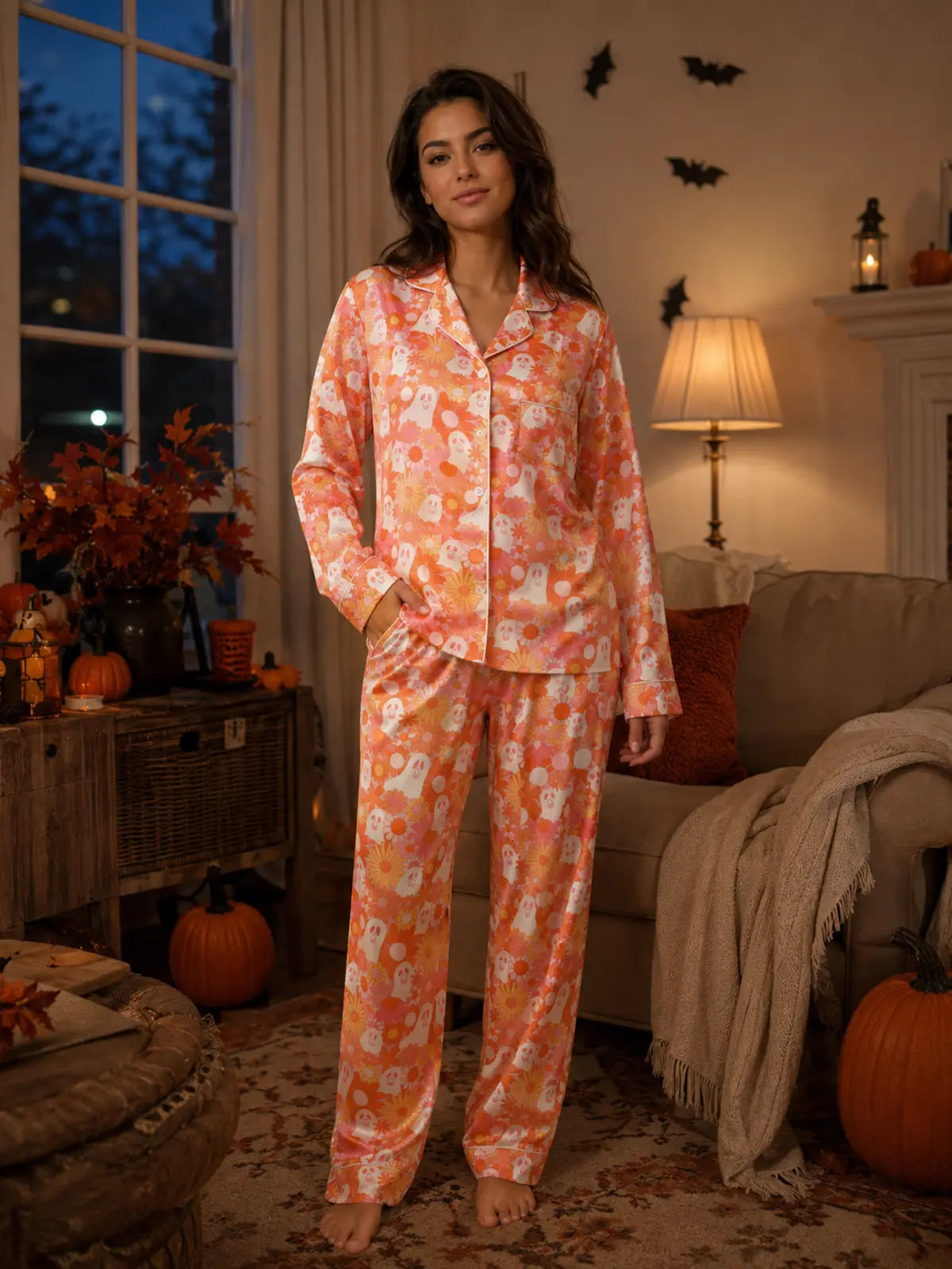Halloween Satin Pajama Set, Lapel Open‑Front Top