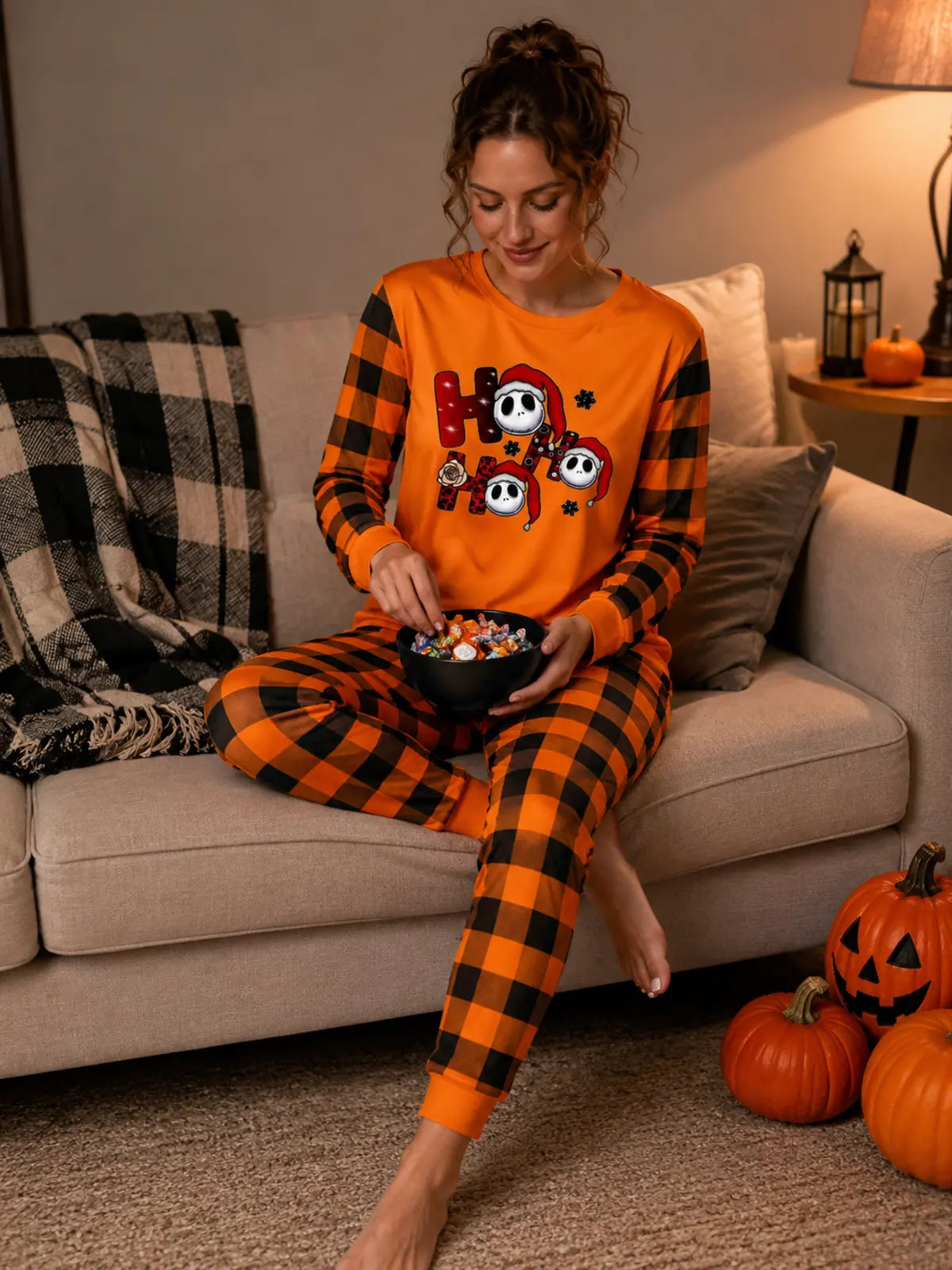 Family Matching Halloween Pumpkin and Ghost Print Pajamas Set