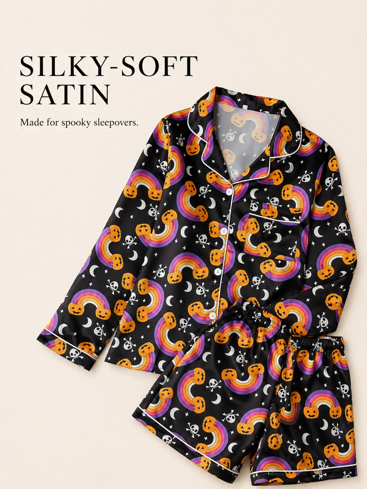 Halloween Lapel Button‑Down Pajama Set, Home Loungewear