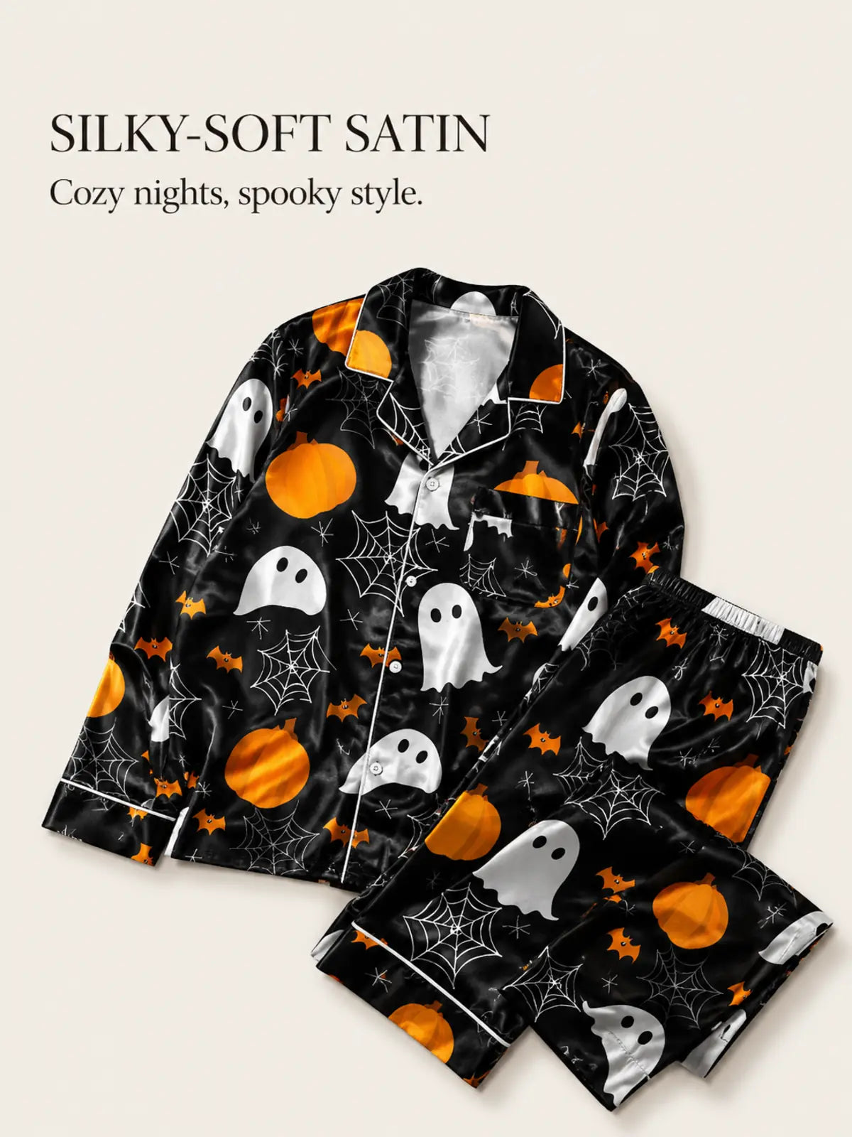 Cartoon Bat & Ghost All‑Over Print Long Sleeve Pajama Set