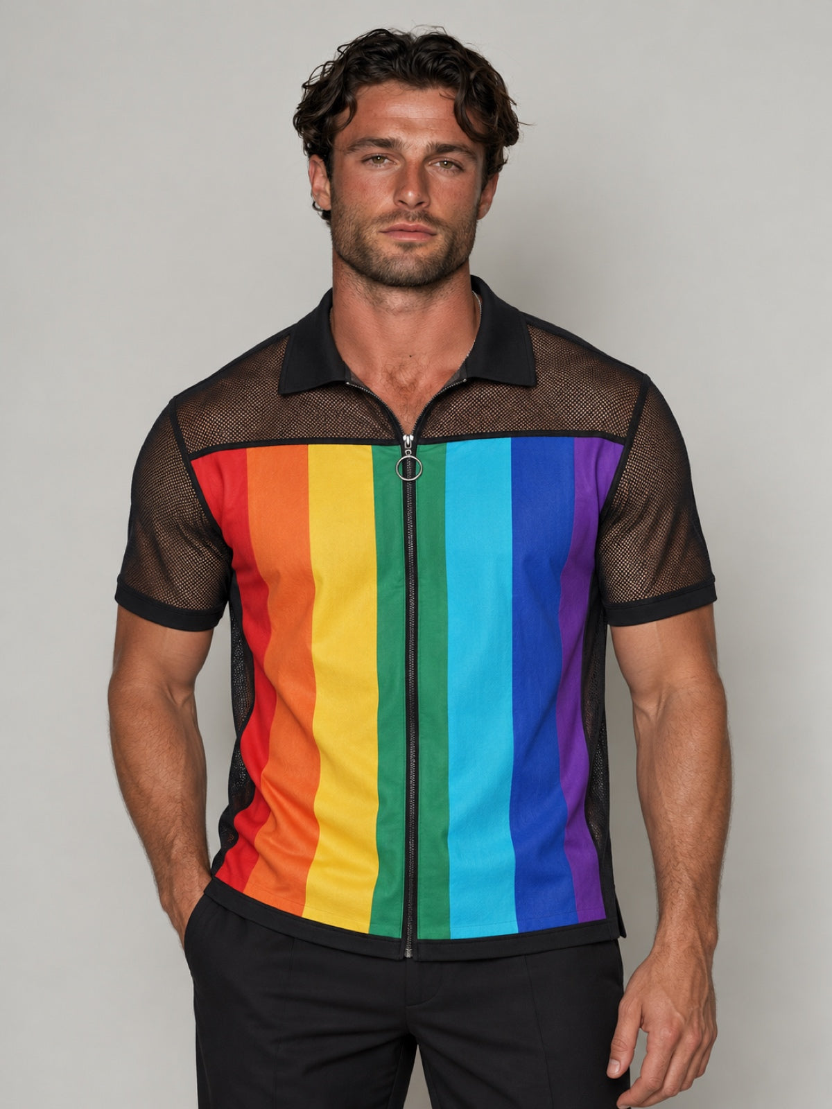 Wearkins adult rainbow stripe zip polo shirt, front view with black mesh short sleeves.