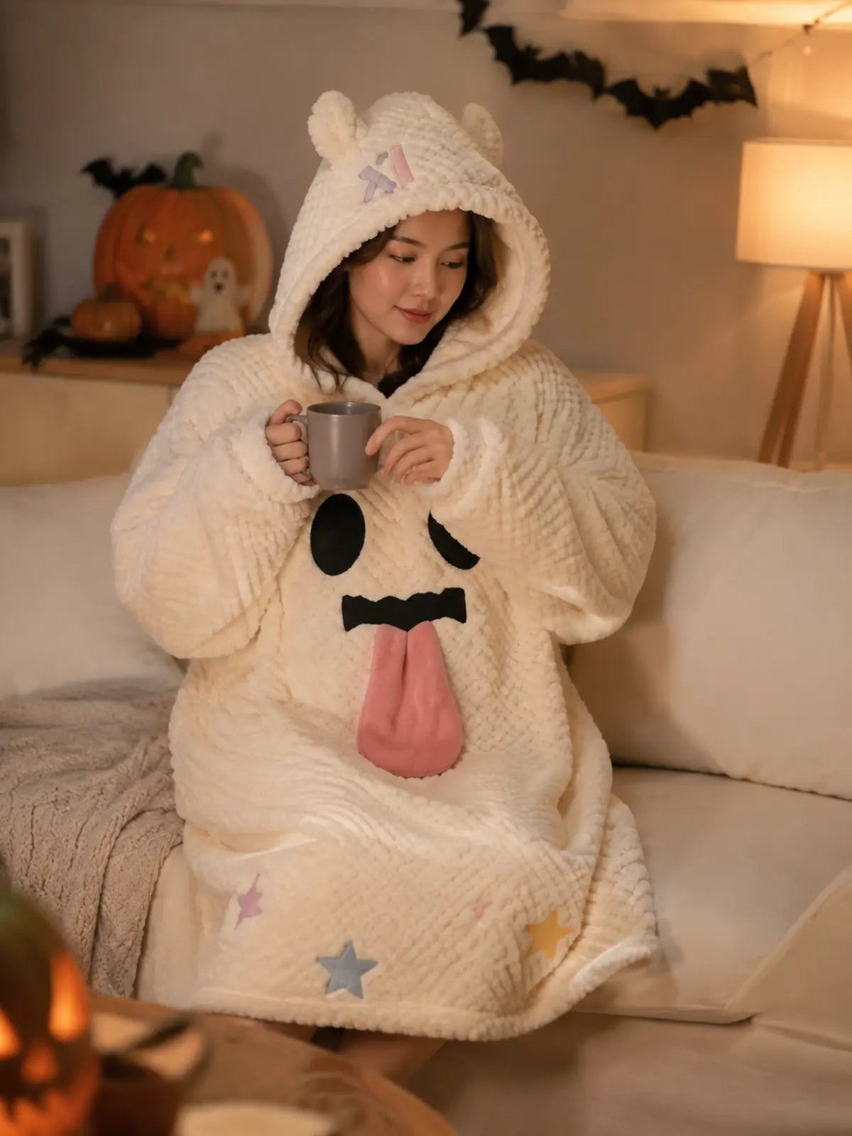 Halloween Plush Hooded Sleep Robe, Ghost Pumpkin Spooky‑Face Coral Fleece Loungewear