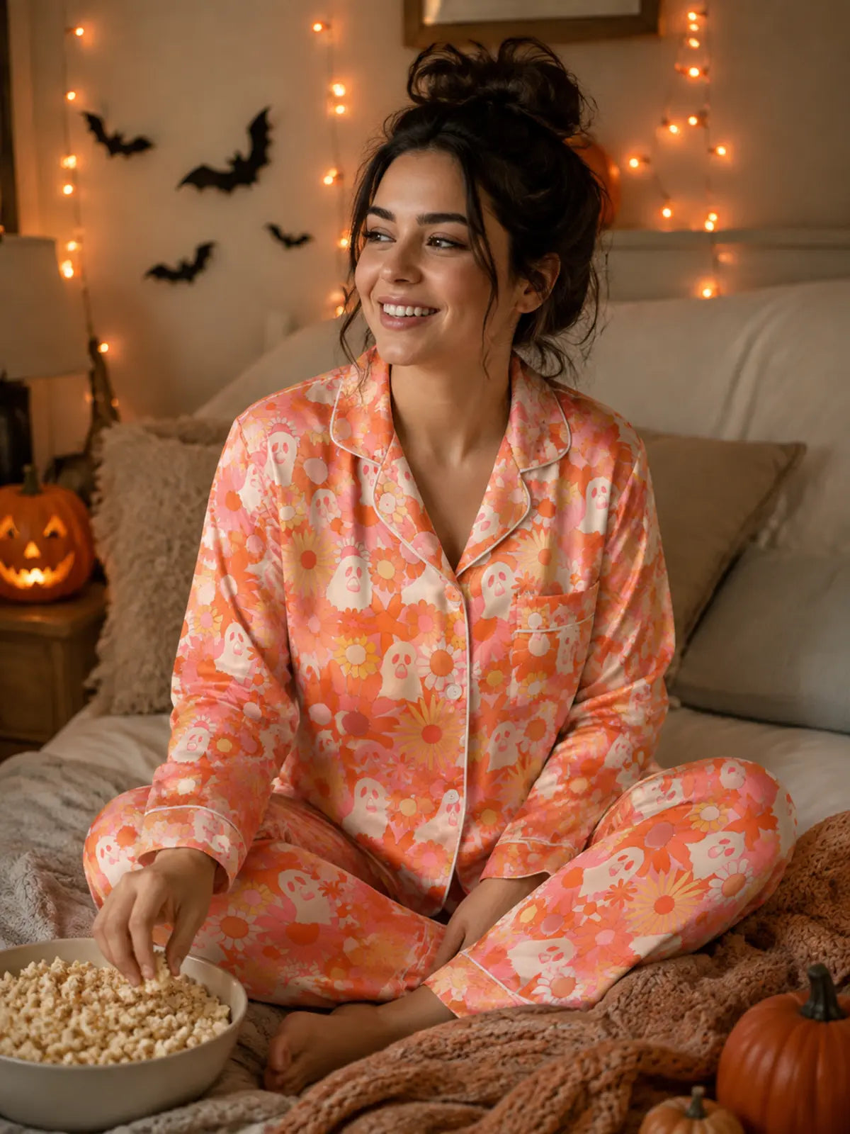 Halloween Satin Pajama Set, Lapel Open‑Front Top
