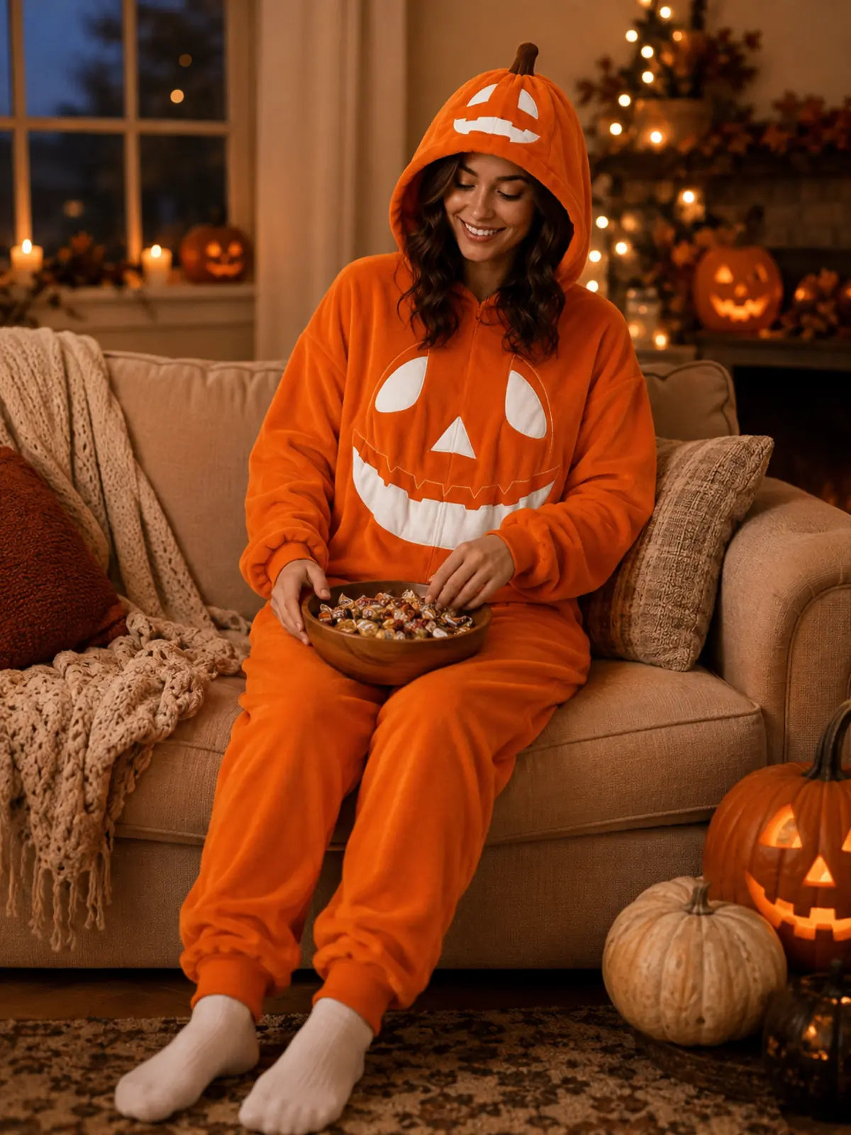 Plush Jack-O’-Lantern Hooded Halloween Onesie Pajamas